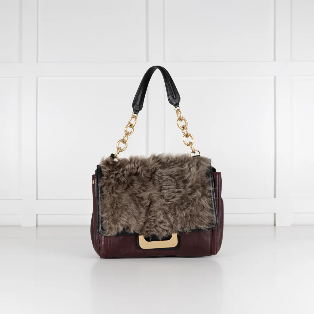 Diane Von Furstenberg Burgundy Fur Flap Harper Charlotte Shoulder Bag