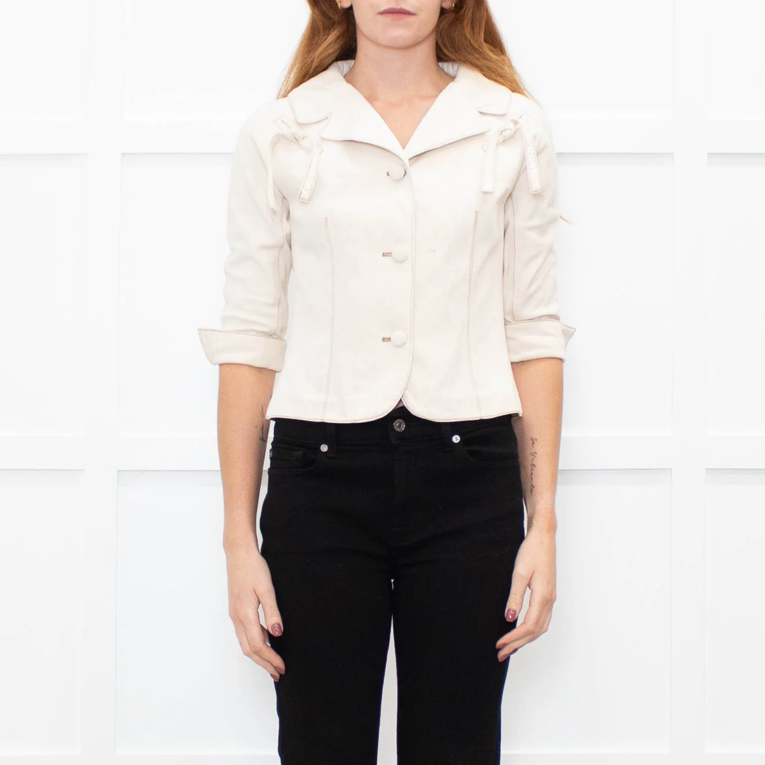 Diane Von Furstenberg Cream Cotton Bow Tie Detail Short Jacket - Image 2
