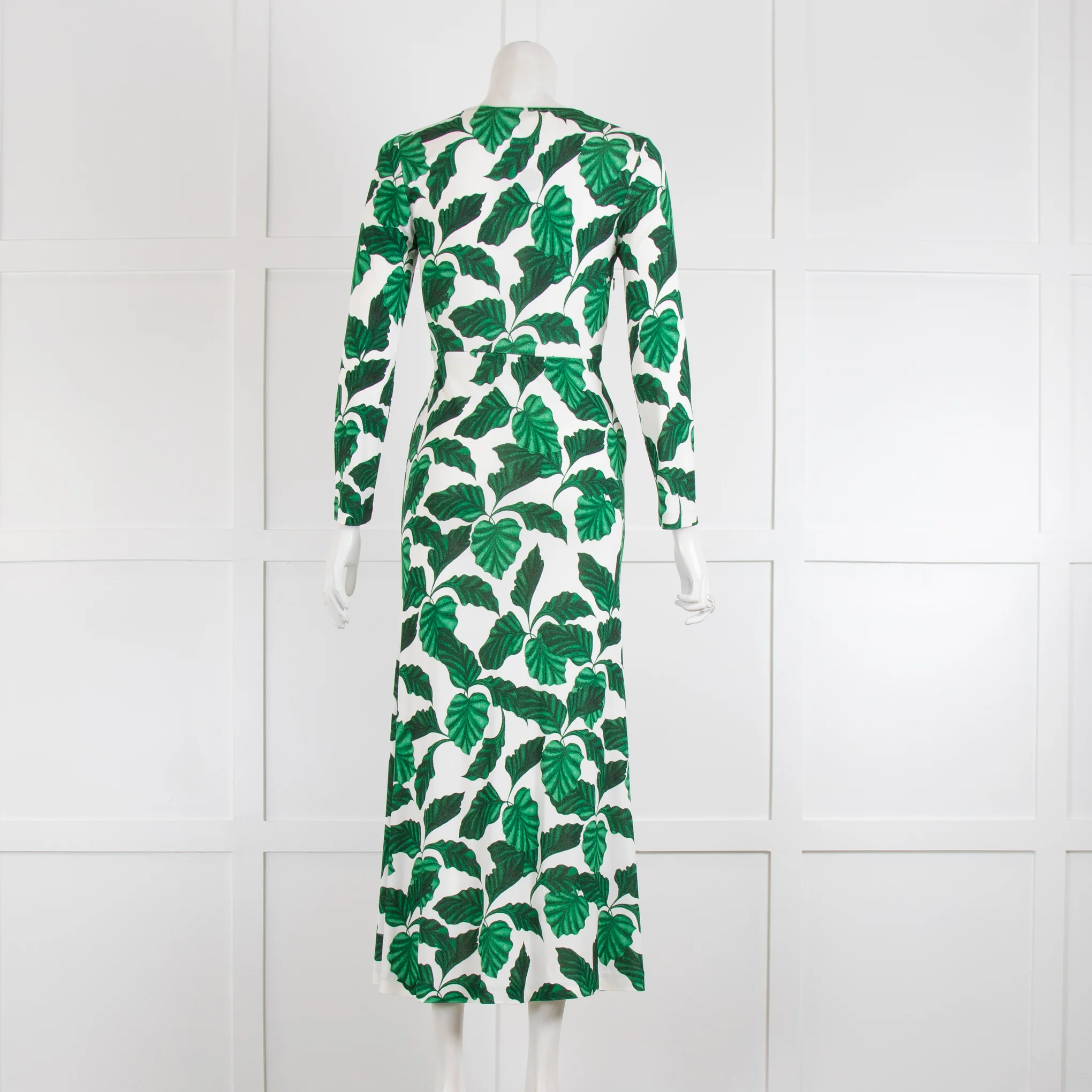 Diane Von Furstenberg Cream Green Leaf Long Sleeve Maxi Dress - Image 3