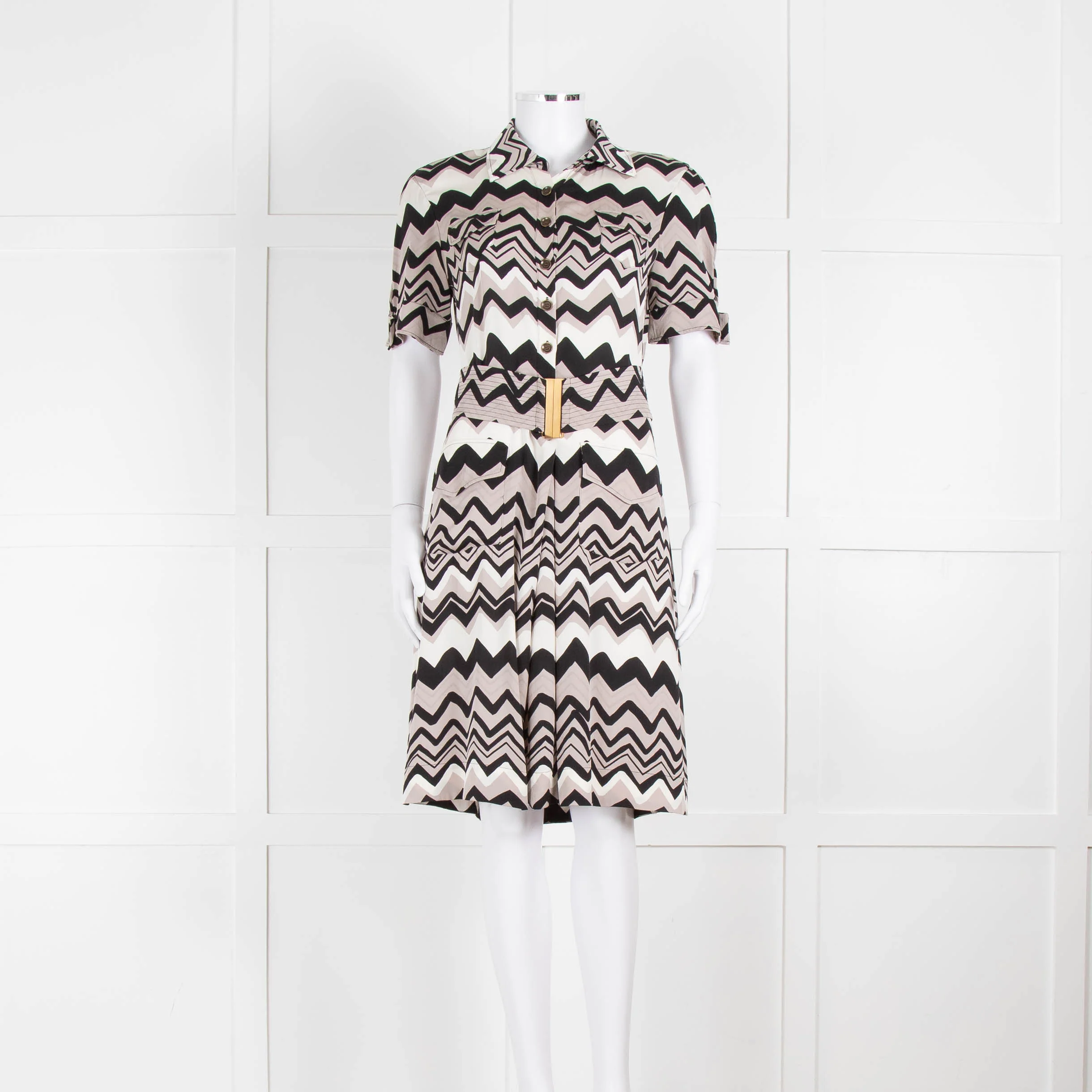 Diane Von Furstenberg Cream Black Zig Zag Belted Short Sleeve Dress