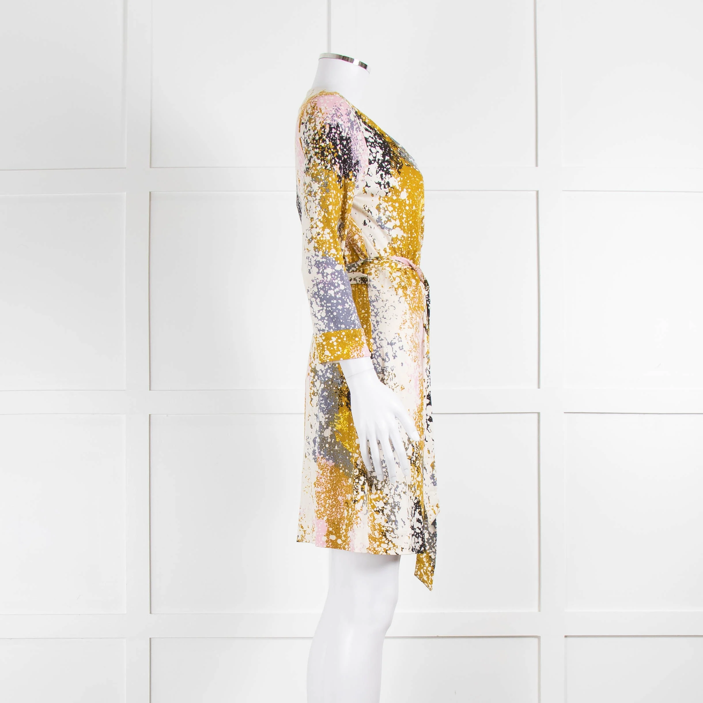 Diane Von Furstenberg Cream Khaki Pink Splash Print Wrap Dress - Image 3