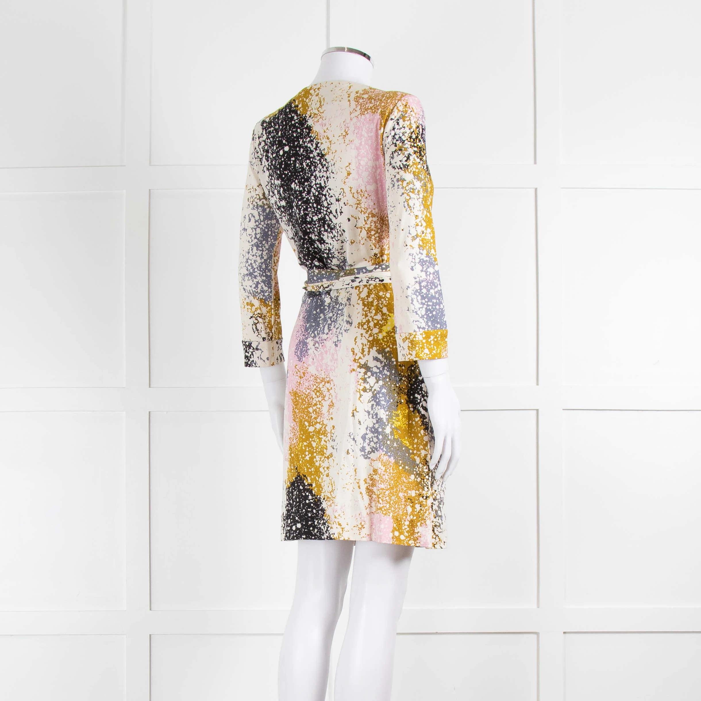 Diane Von Furstenberg Cream Khaki Pink Splash Print Wrap Dress - Image 4