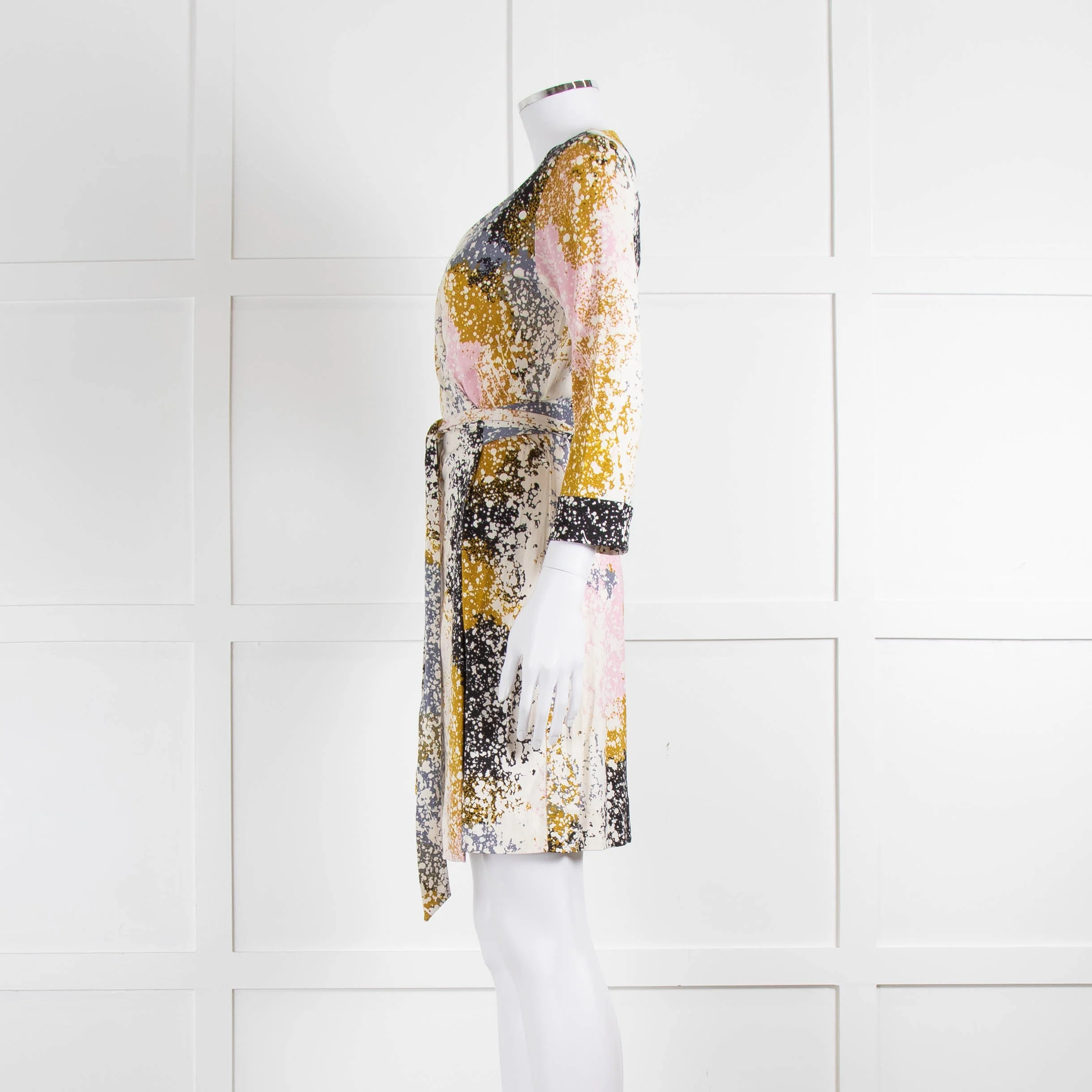 Diane Von Furstenberg Cream Khaki Pink Splash Print Wrap Dress - Image 7
