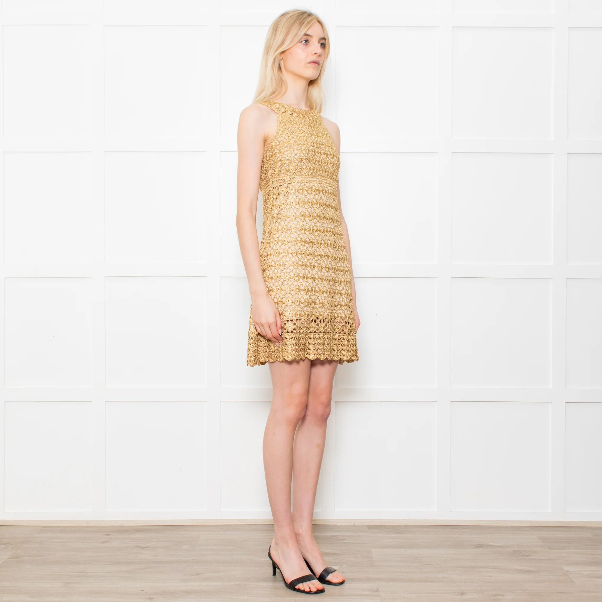Diane Von Furstenberg Gold Crochet Sleeveless Mini Dress - Image 7
