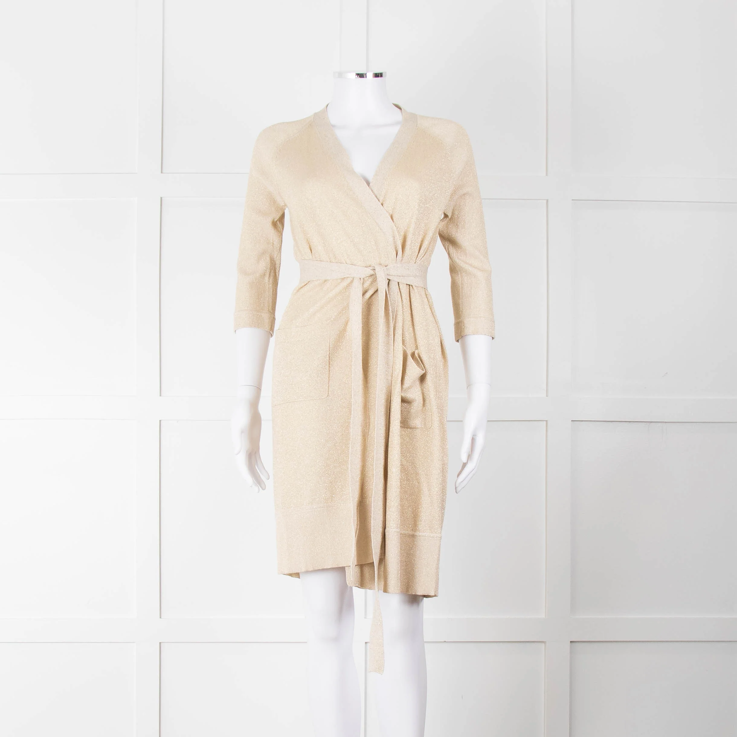 Diane Von Furstenberg Gold Lurex Long Belted Cardigan
