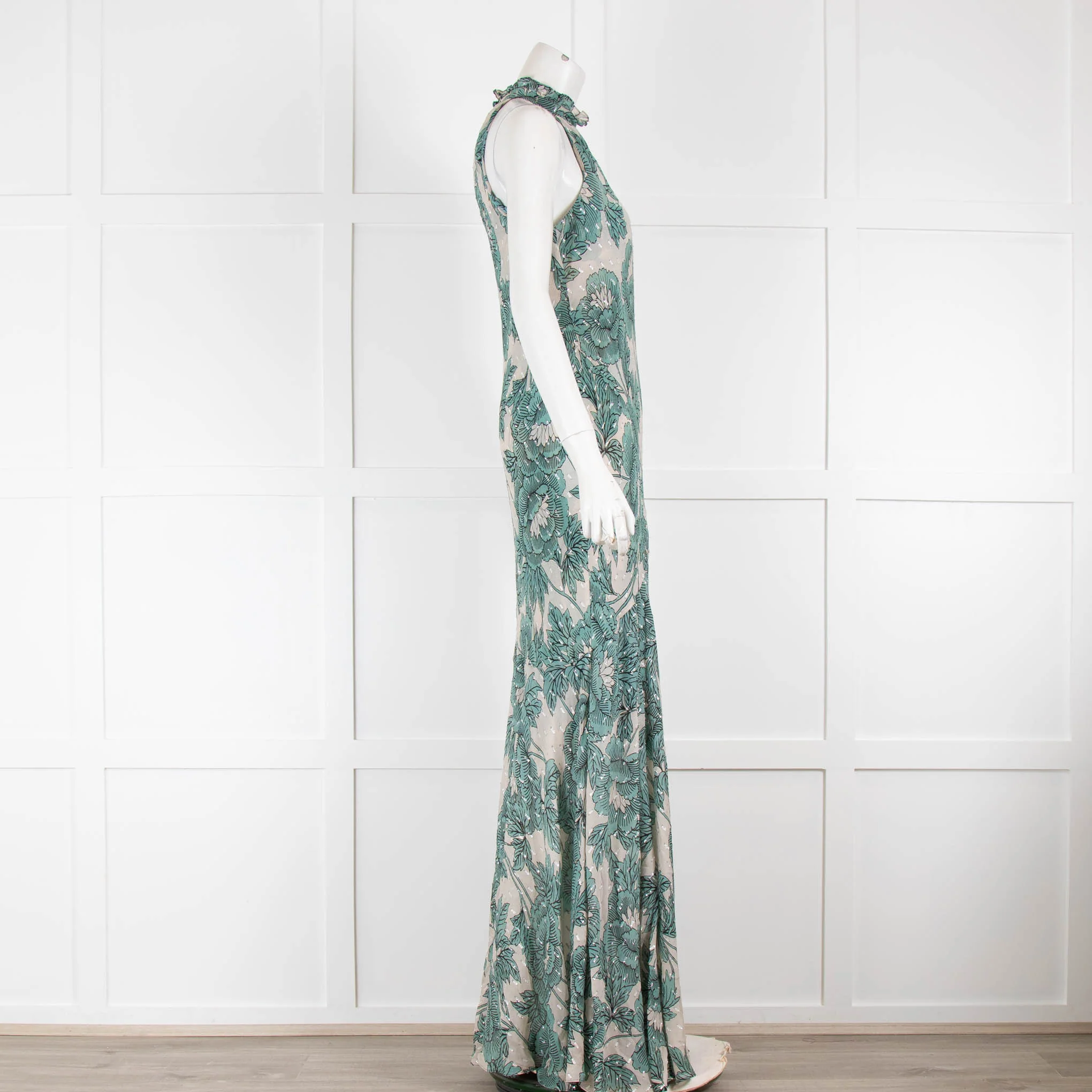 Diane Von Furstenberg Green & Beige Floral Halter neck Dress - Image 2