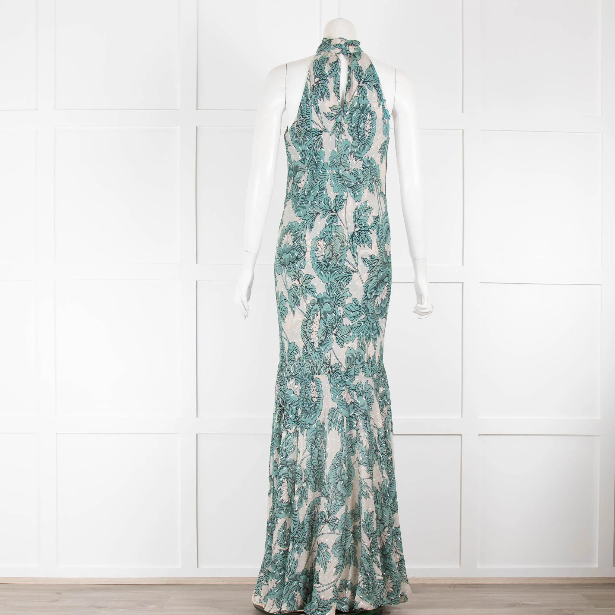 Diane Von Furstenberg Green & Beige Floral Halter neck Dress - Image 3