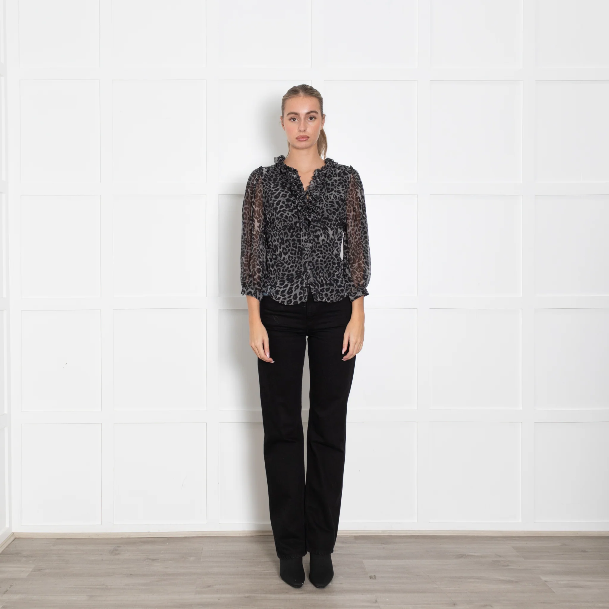 Diane Von Furstenberg Grey Animal Print Frill Trim Long Sleeve Blouse