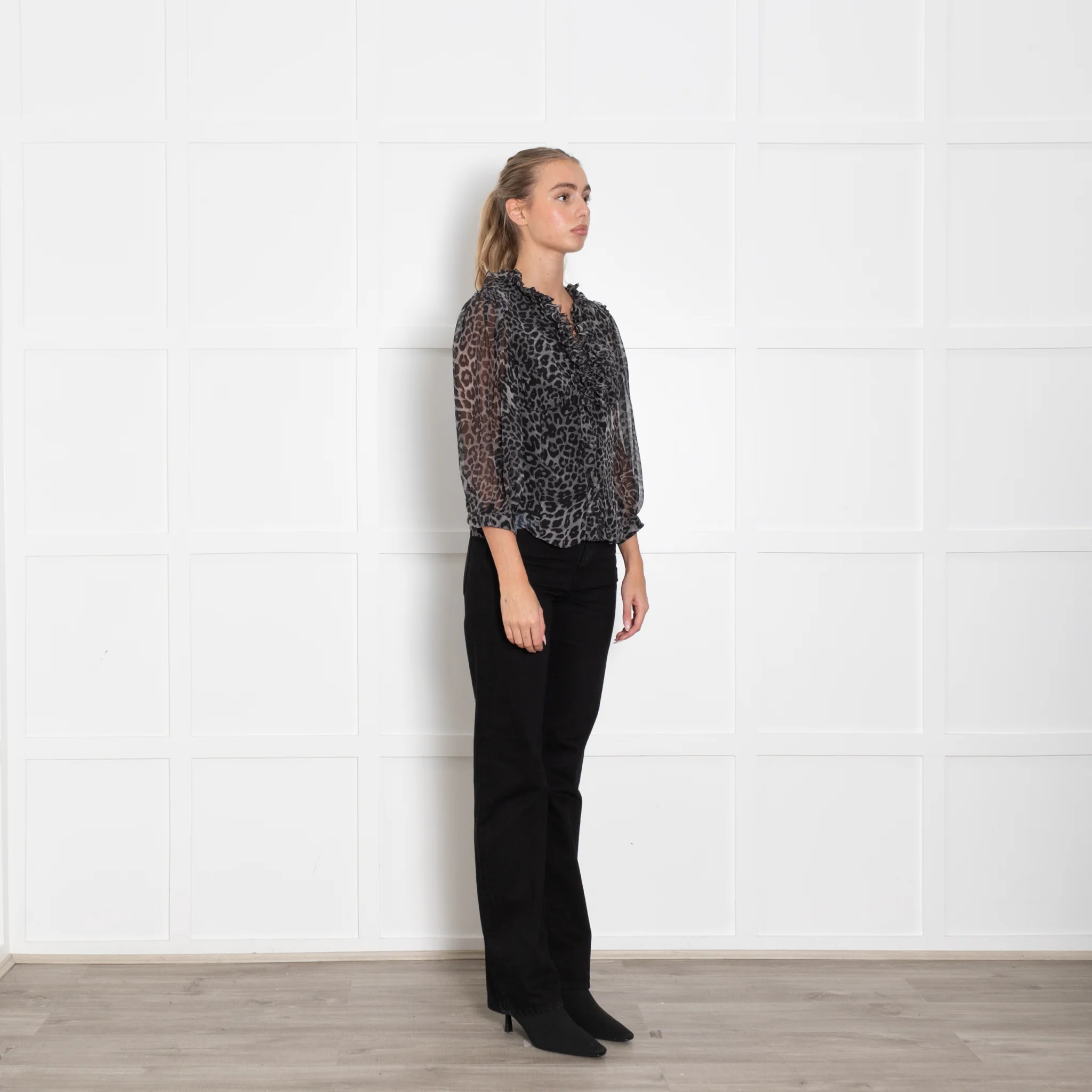 Diane Von Furstenberg Grey Animal Print Frill Trim Long Sleeve Blouse - Image 7