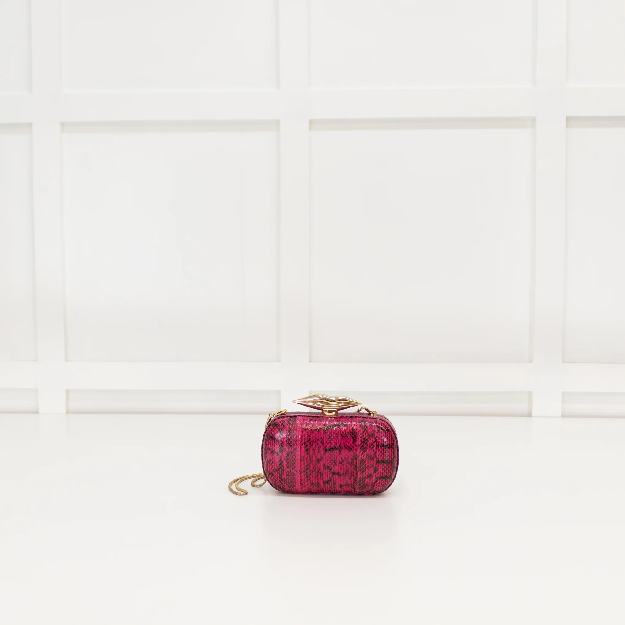 Diane Von Furstenberg Hot Pink Snakeskin Effect Lip Clasp Clutch - Image 3