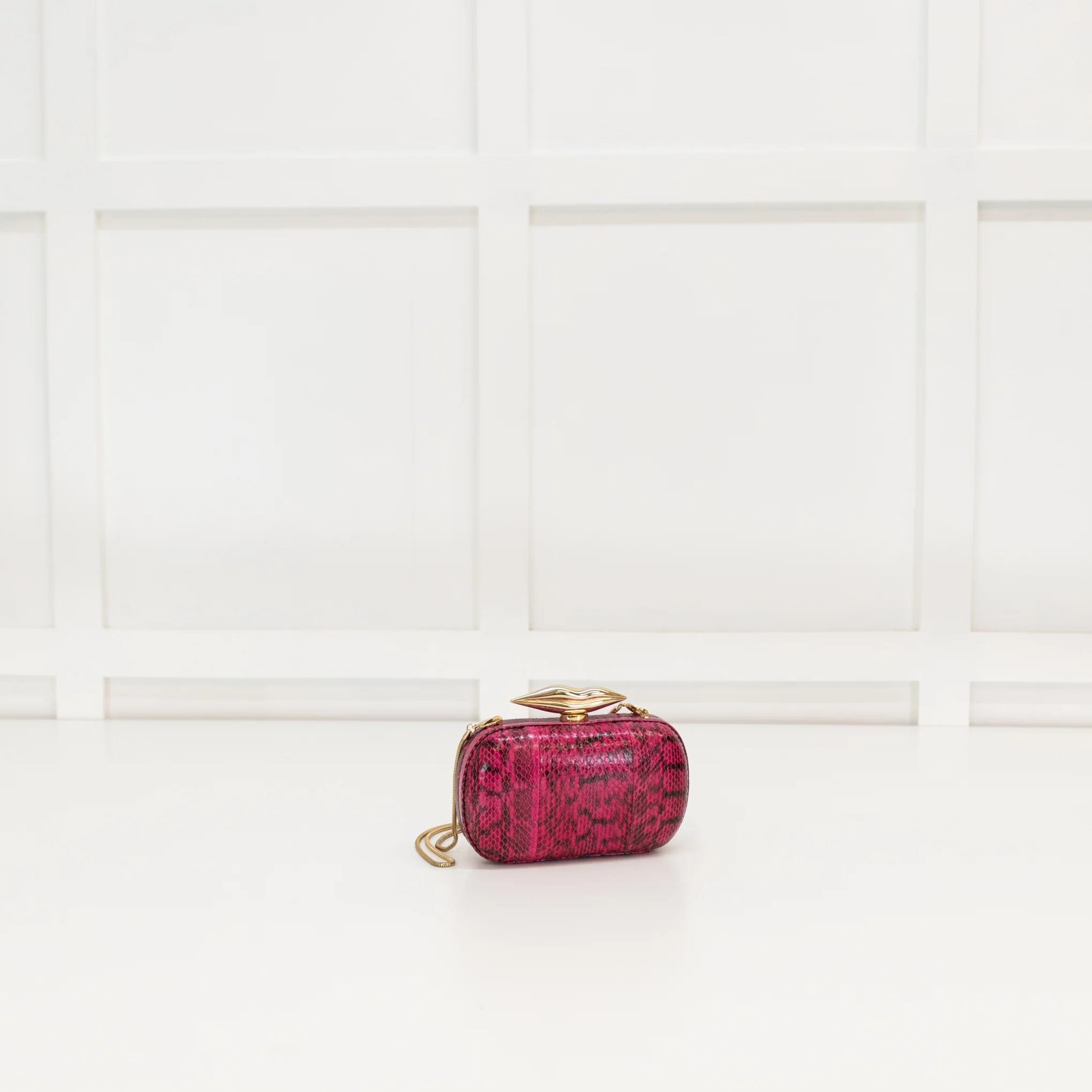 Diane Von Furstenberg Hot Pink Snakeskin Effect Lip Clasp Clutch - Image 4