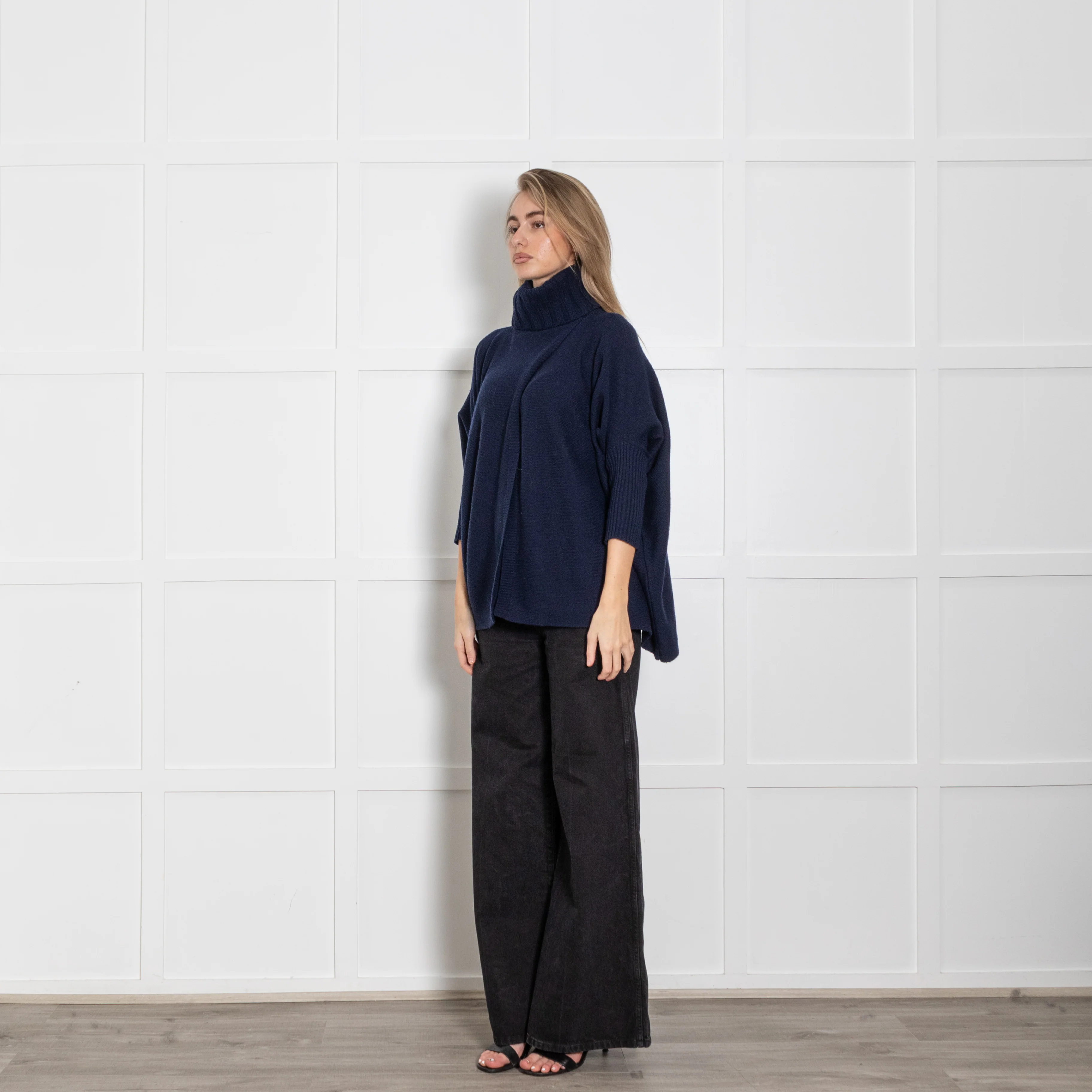 Diane Von Furstenberg Navy Blue Wool Rollneck Cape - Image 3
