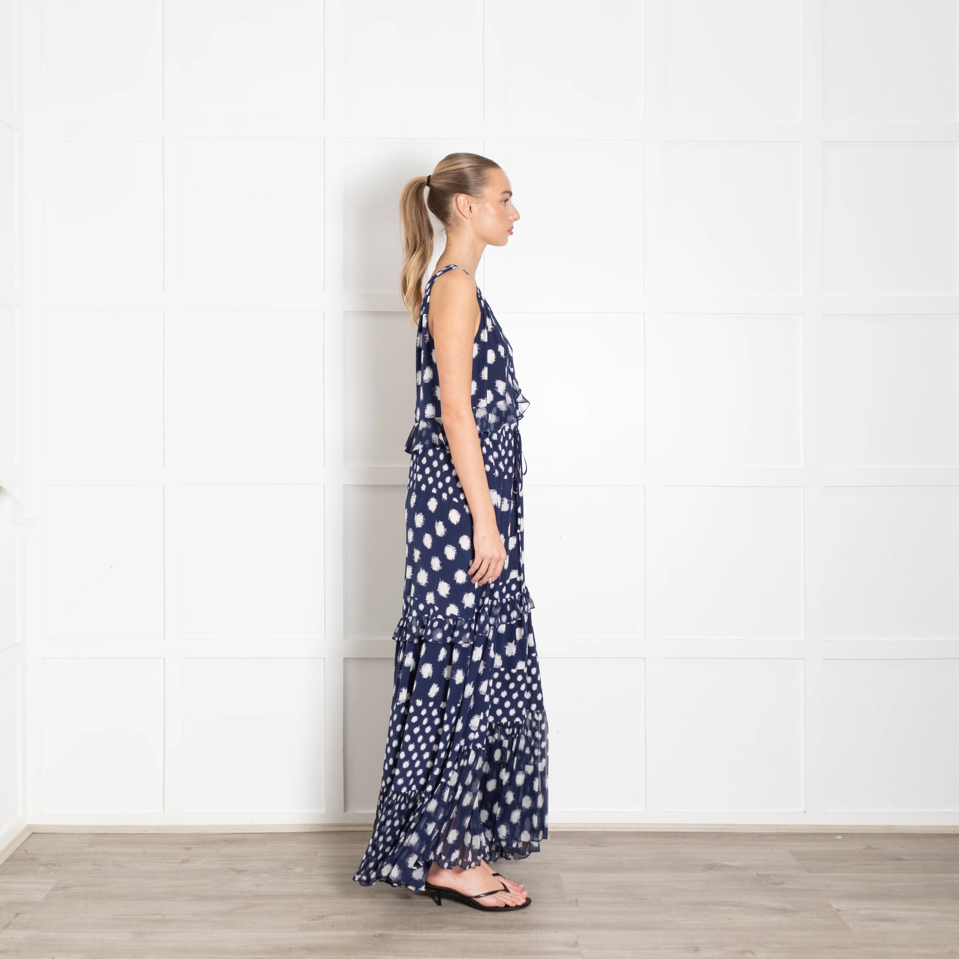 Diane Von Furstenberg Navy White Dot Frill Trim Maxi Dress - Image 6