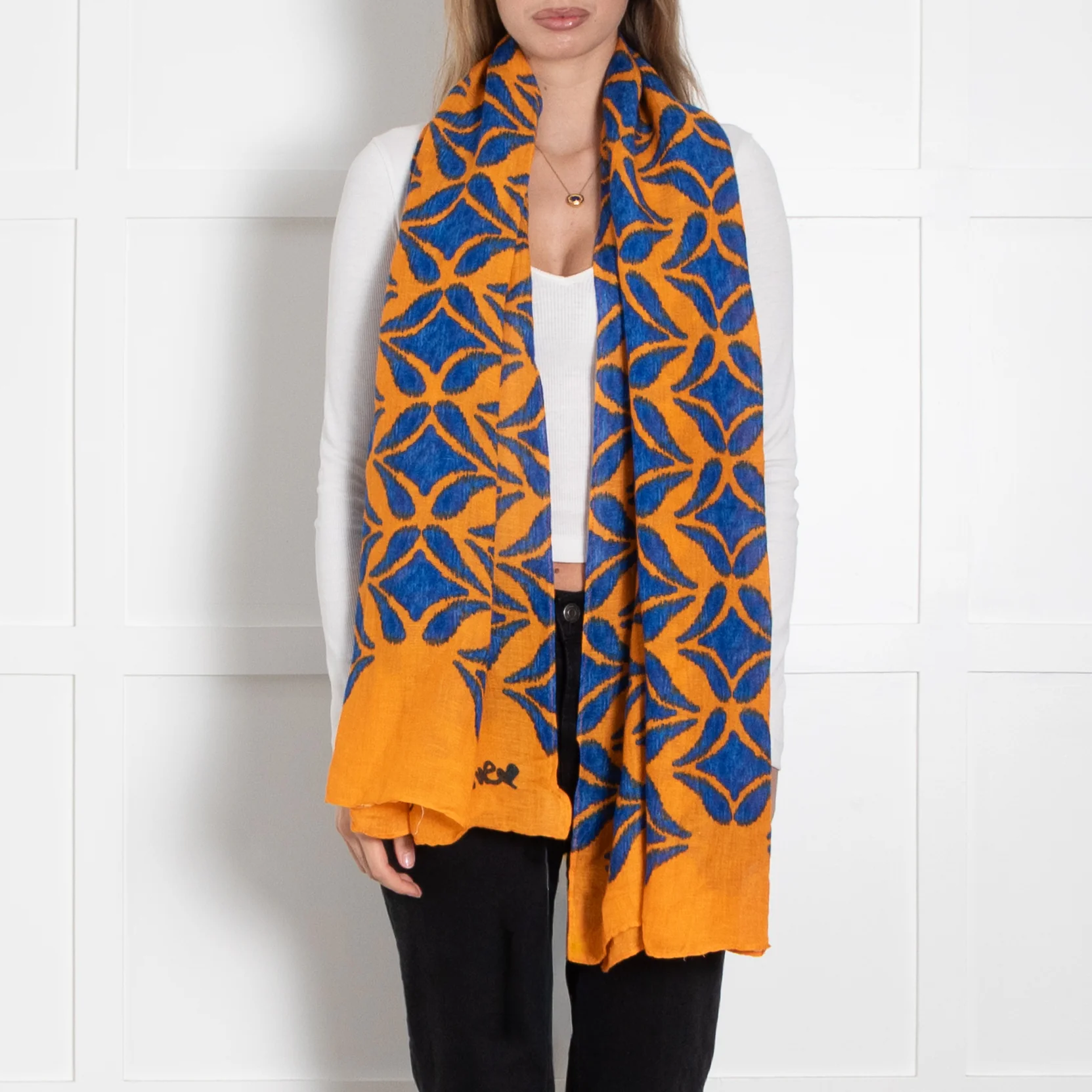 Diane Von Furstenberg Orange Blue Linen Blend Scarf - Image 2