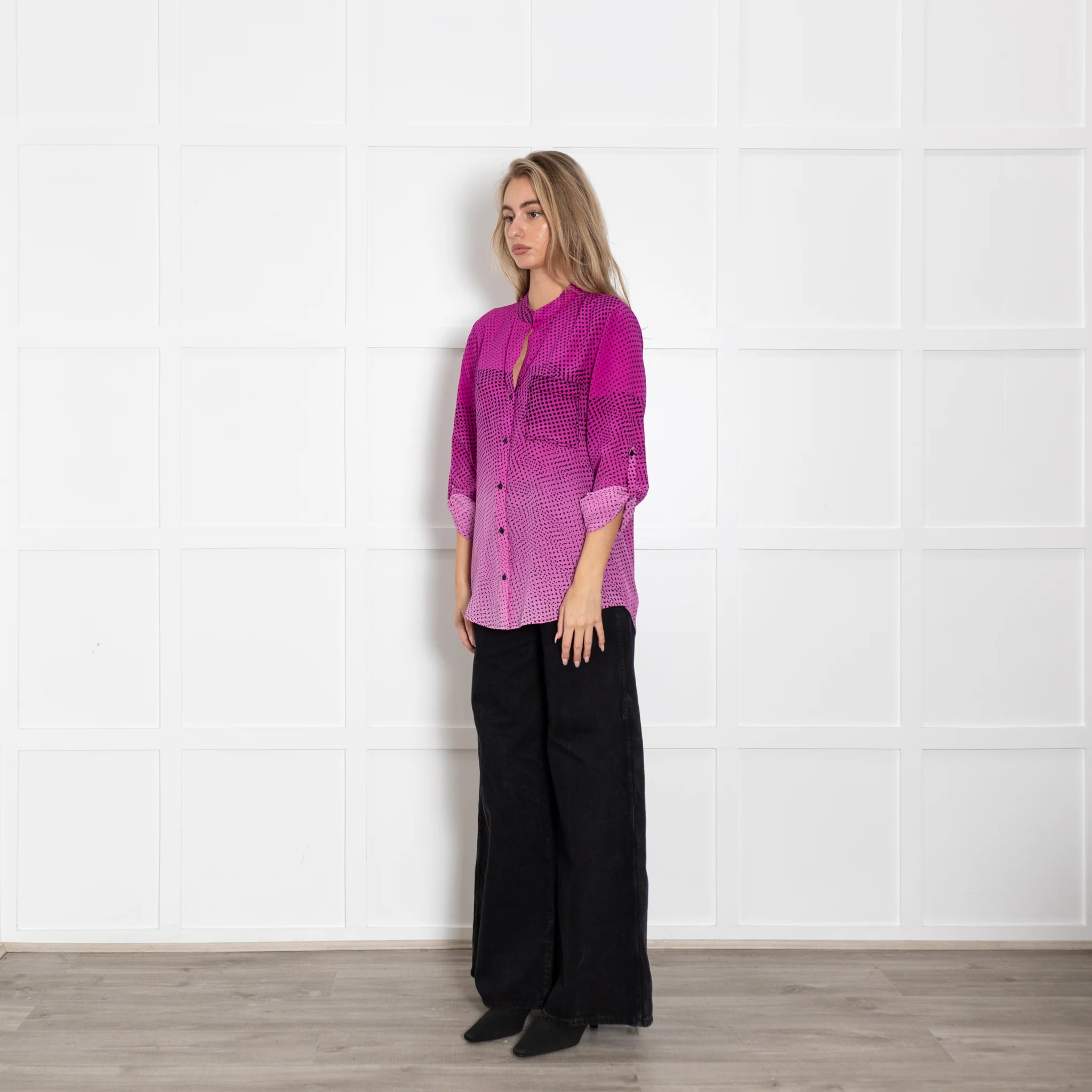 Diane Von Furstenberg Pink Ombre Black Print Silk Blouse - Image 3