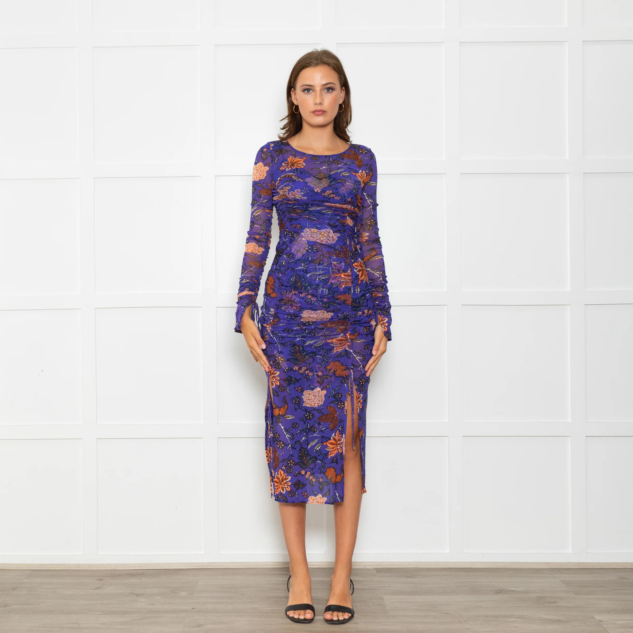Diane Von Furstenberg Purple Brown Floral Net Long Sleeve Dresses