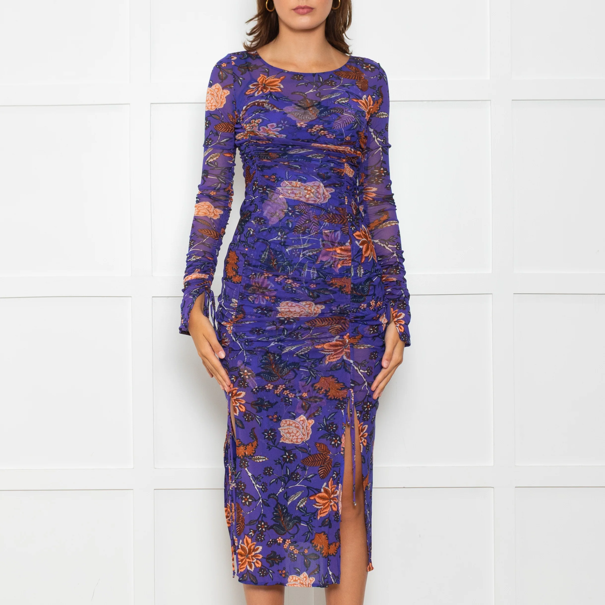 Diane Von Furstenberg Purple Brown Floral Net Long Sleeve Dresses - Image 2