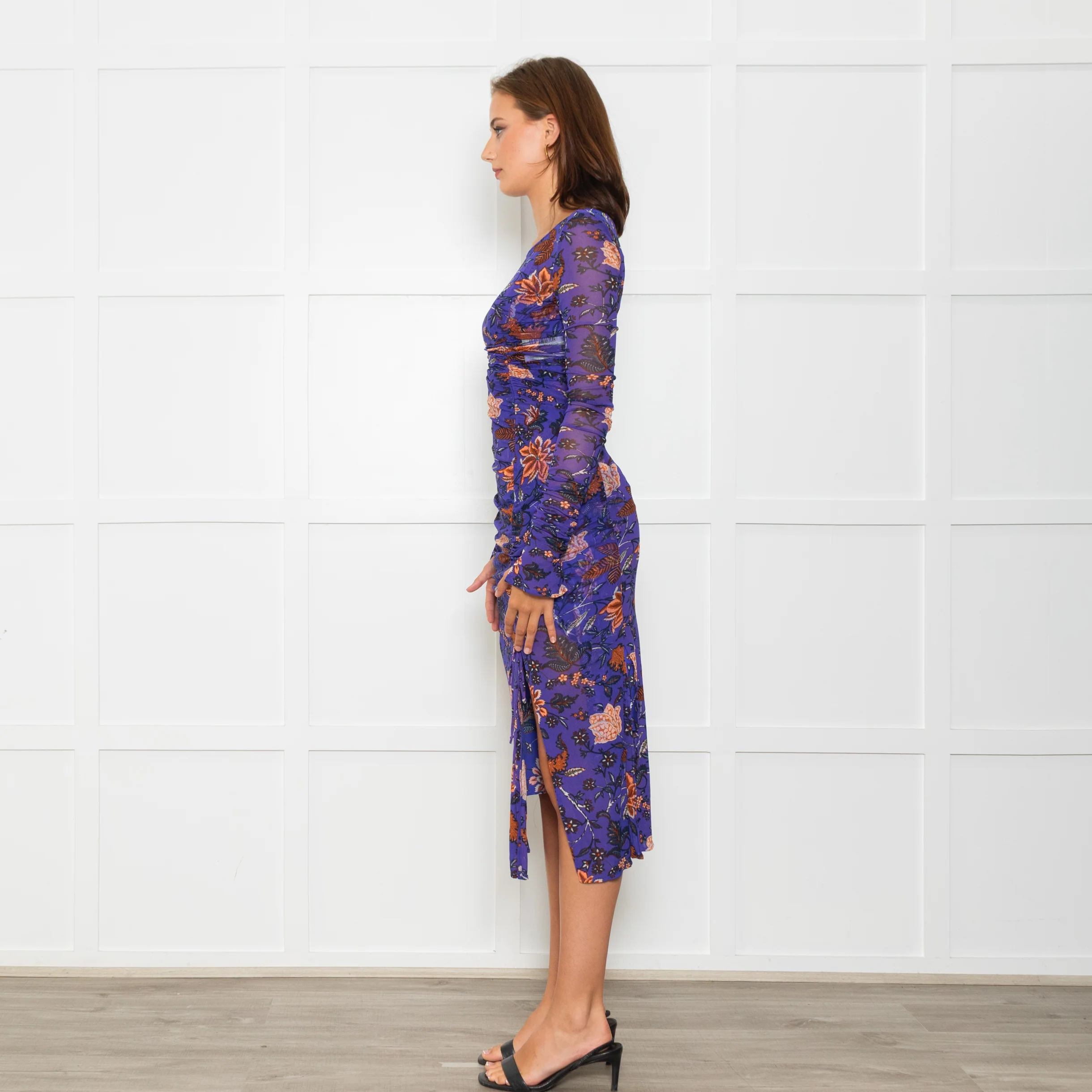 Diane Von Furstenberg Purple Brown Floral Net Long Sleeve Dresses - Image 4