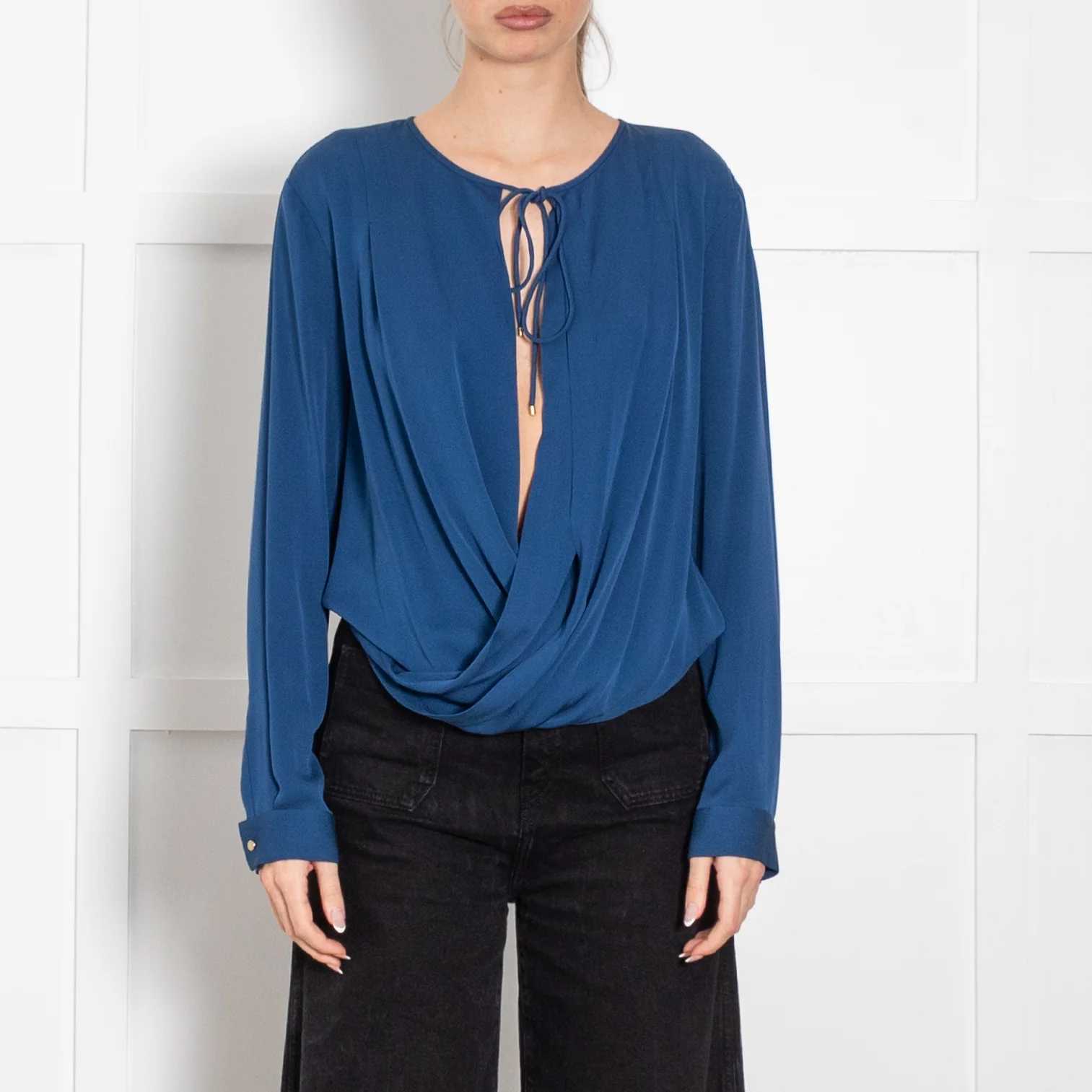 Diane Von Furstenberg Teal Twist Front Tie Neck Top - Image 2