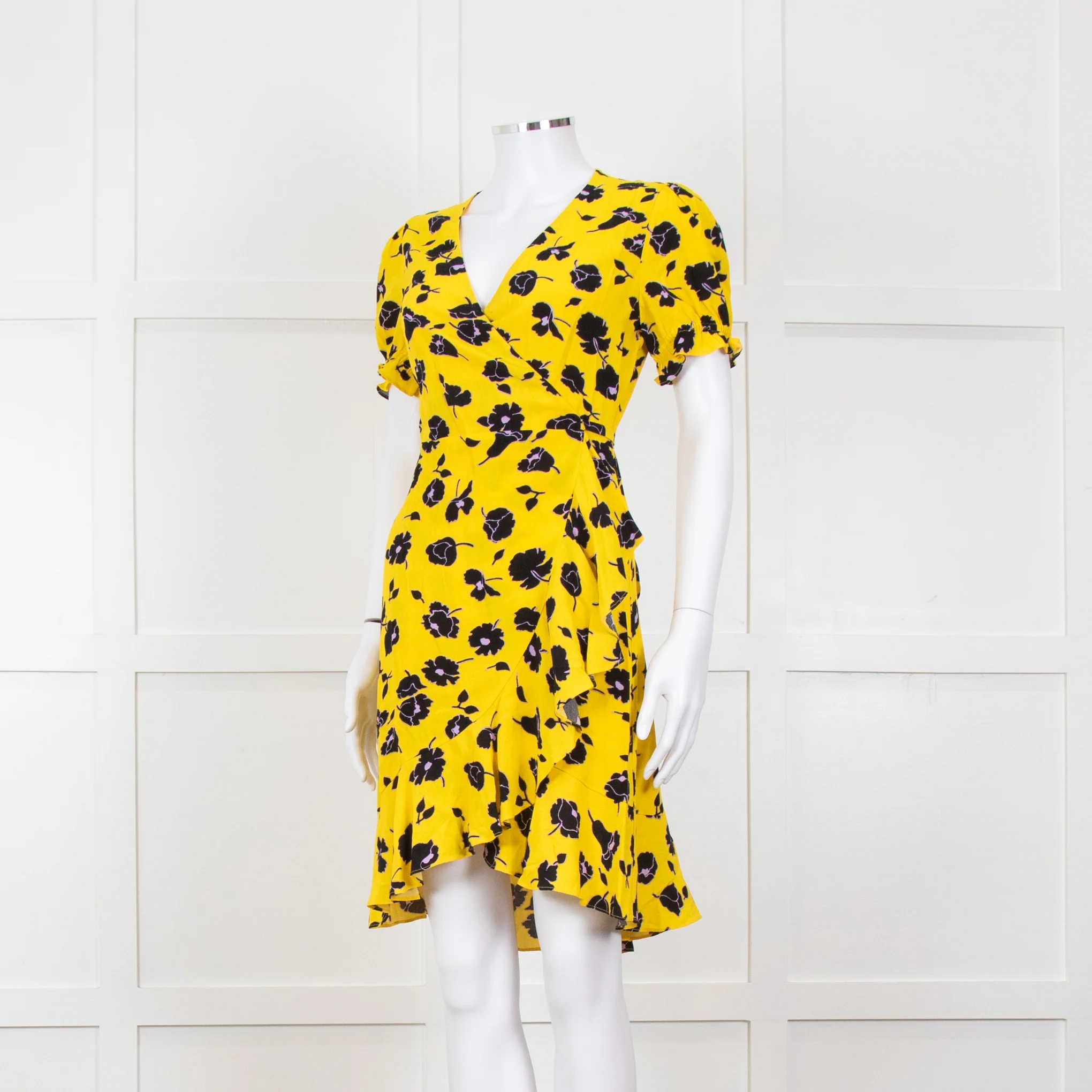 Diane Von Furstenberg Yellow Black Floral Wrap Mini Dress - Image 2