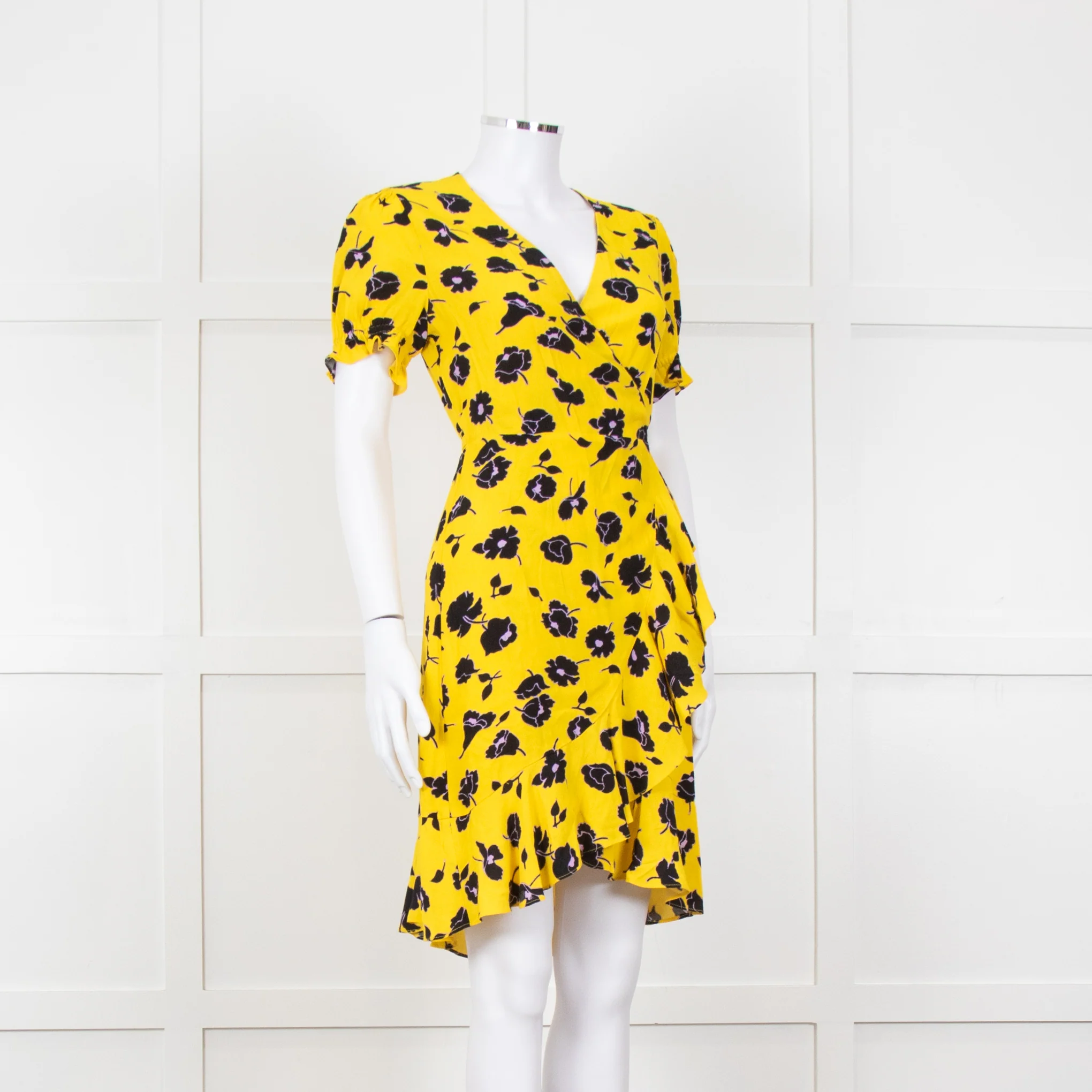Diane Von Furstenberg Yellow Black Floral Wrap Mini Dress - Image 8