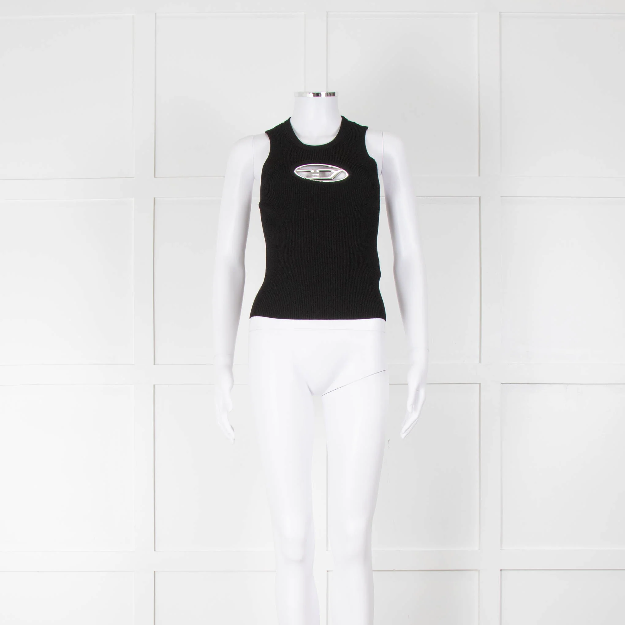 Diesel M-Onerva-Top Black Vest Top with Silver Metal Logo