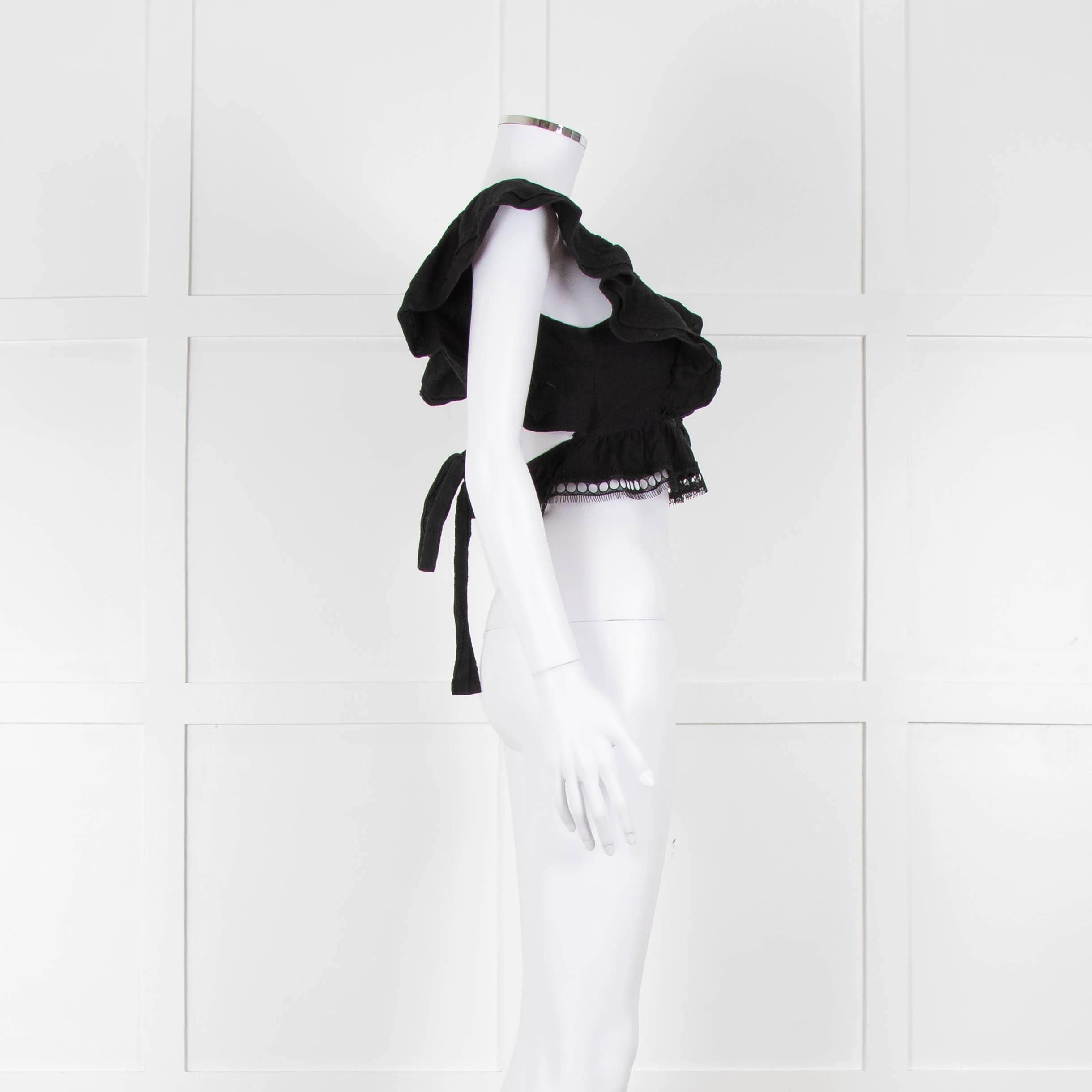 Dissh Black Cotton Short Top With Tie Back & Frill Sleeves - Image 3