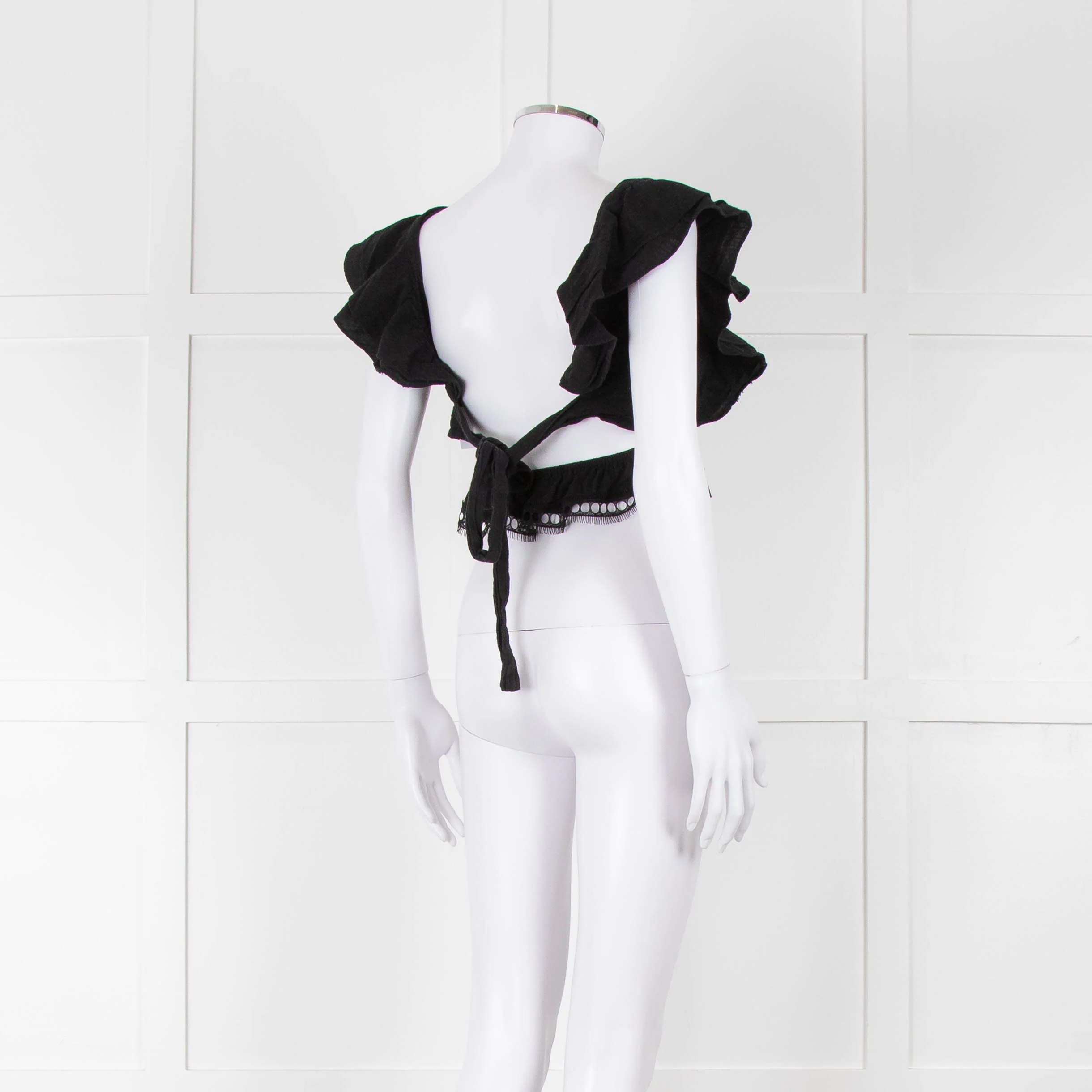 Dissh Black Cotton Short Top With Tie Back & Frill Sleeves - Image 4