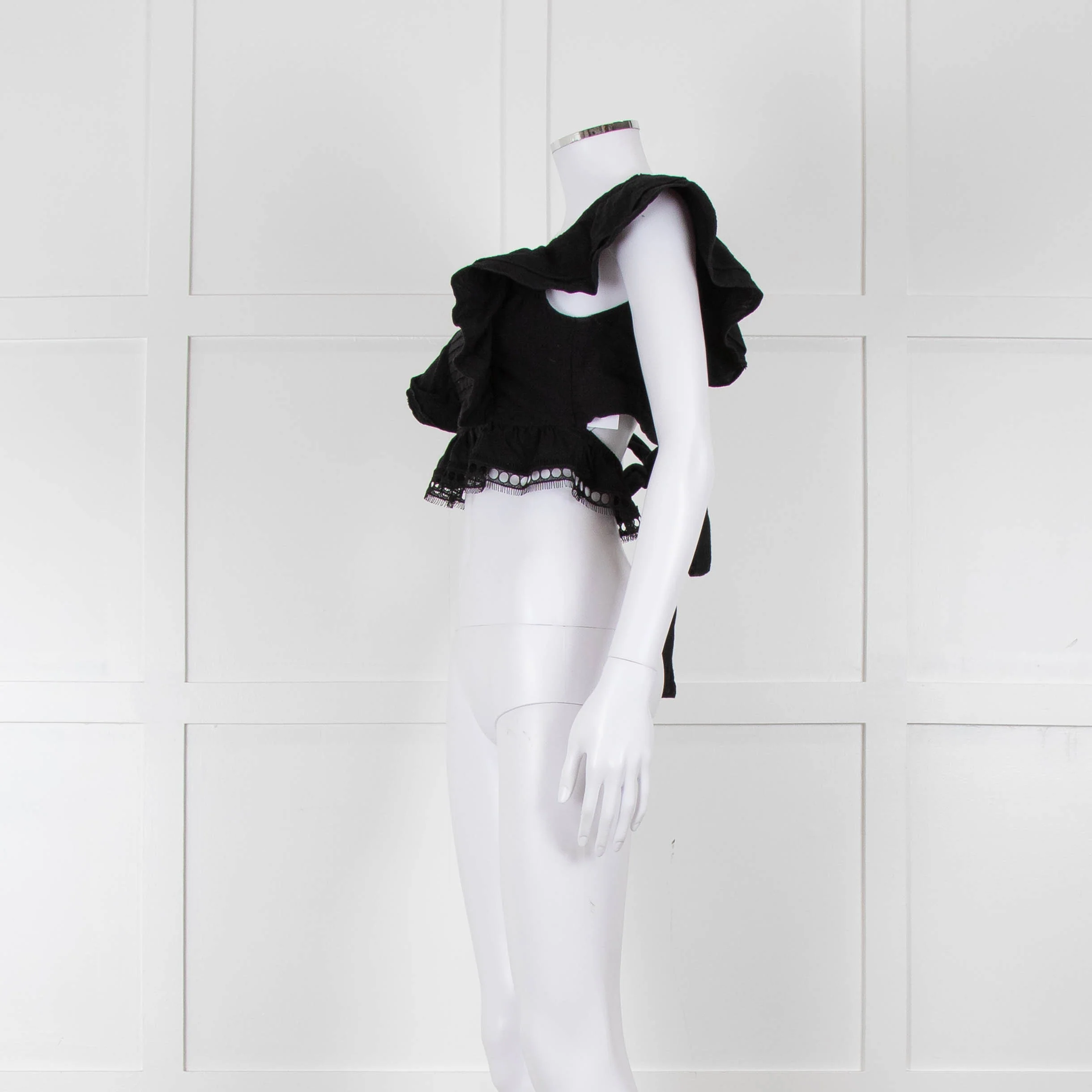 Dissh Black Cotton Short Top With Tie Back & Frill Sleeves - Image 7