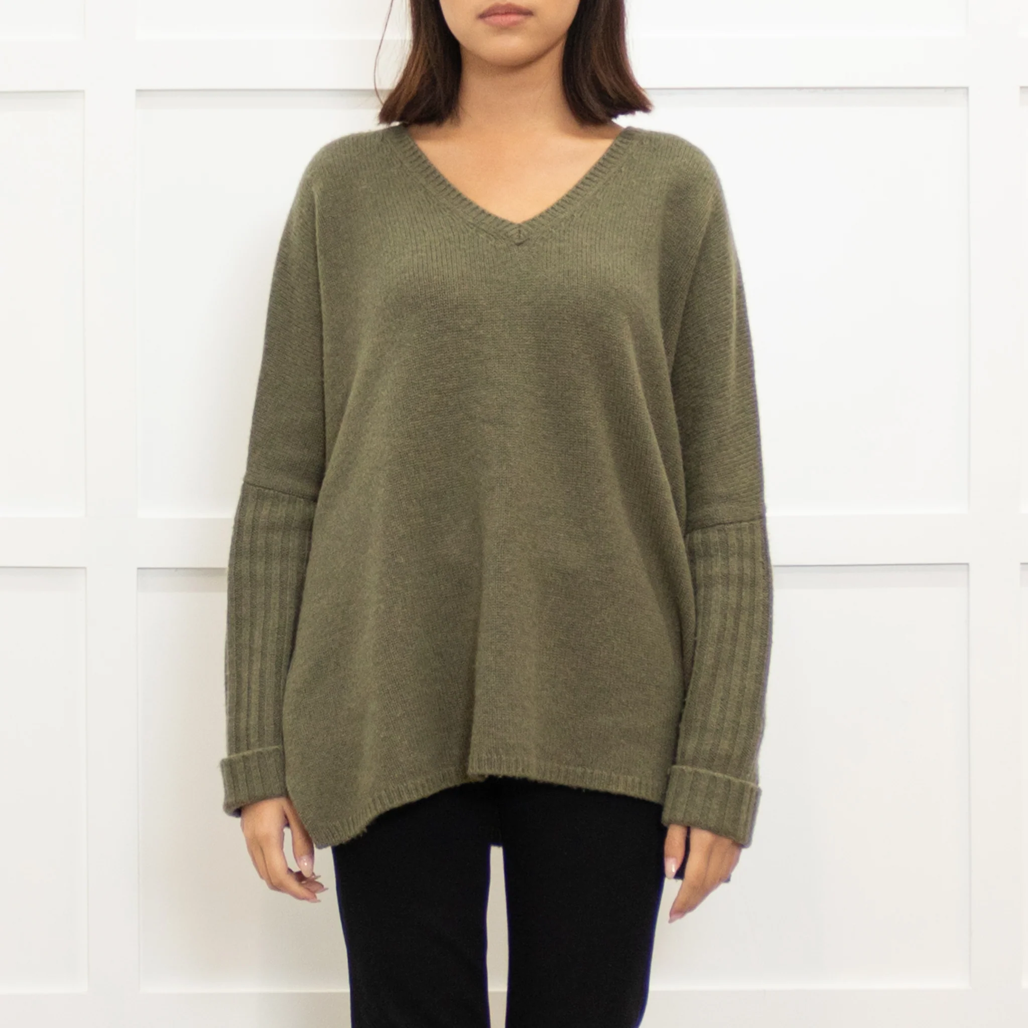 Divine Cashmere Khaki Cashmere V Neck Jumper - Image 2