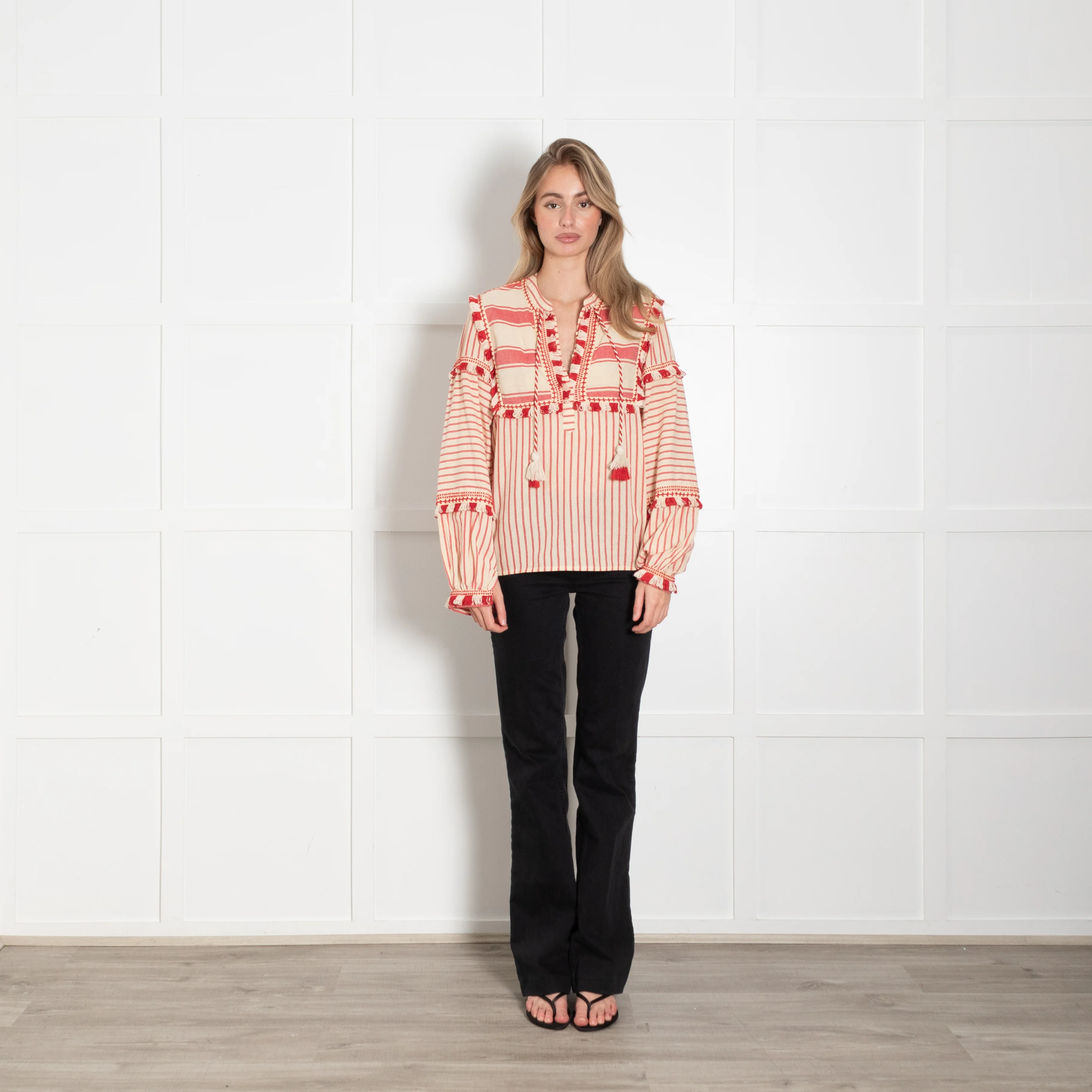Dodo Bar Or Cream Red Cotton Fringe Trim Kaftan Top