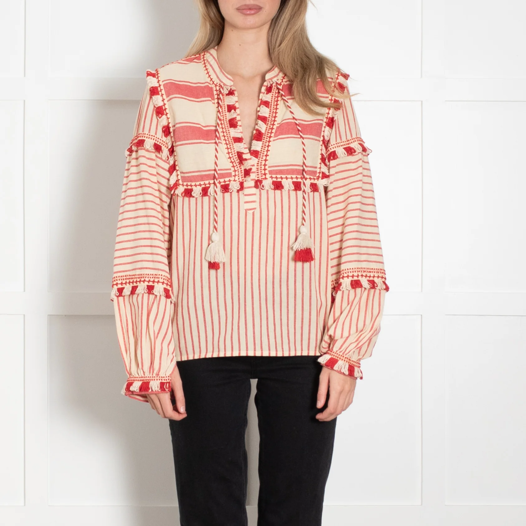 Dodo Bar Or Cream Red Cotton Fringe Trim Kaftan Top - Image 2