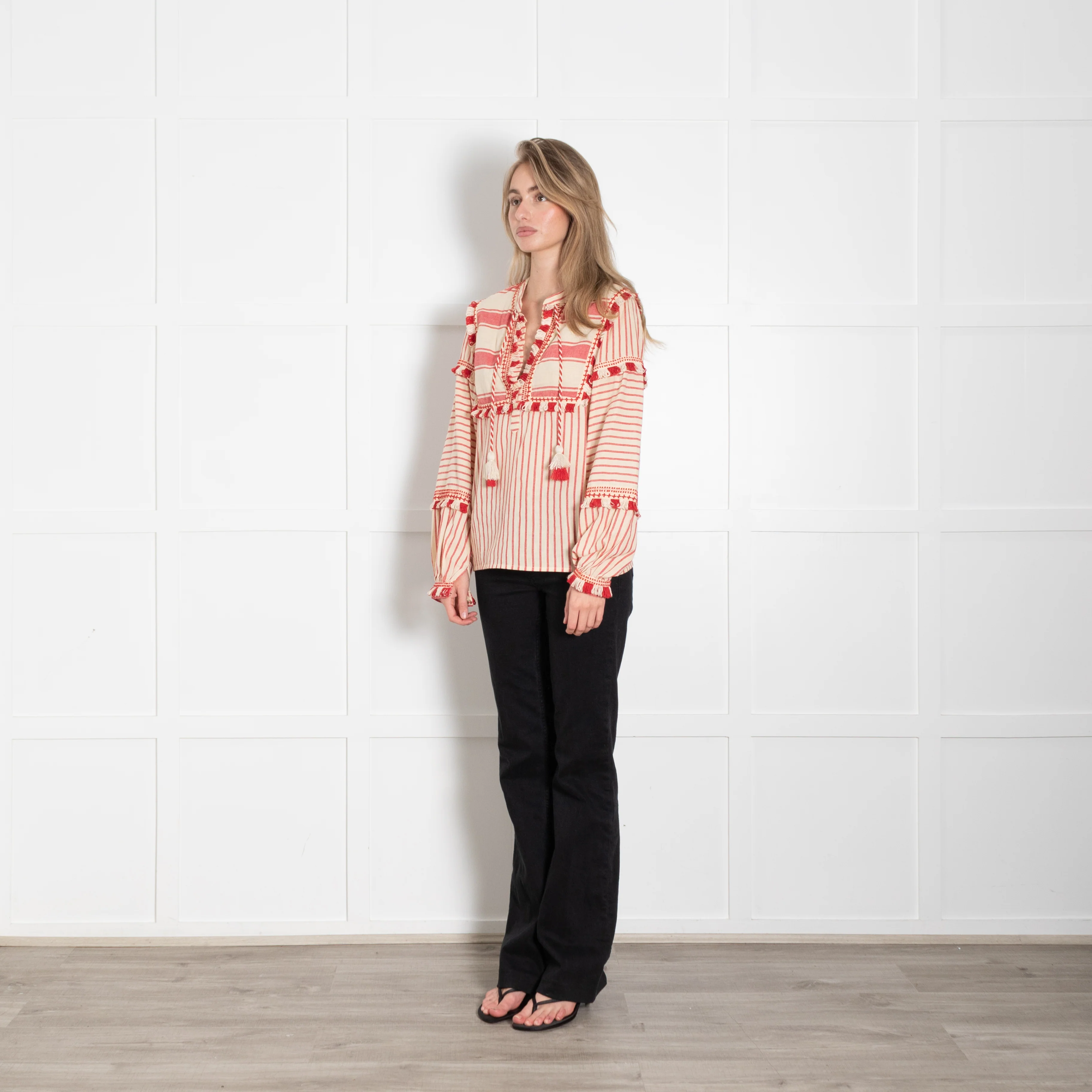 Dodo Bar Or Cream Red Cotton Fringe Trim Kaftan Top - Image 3