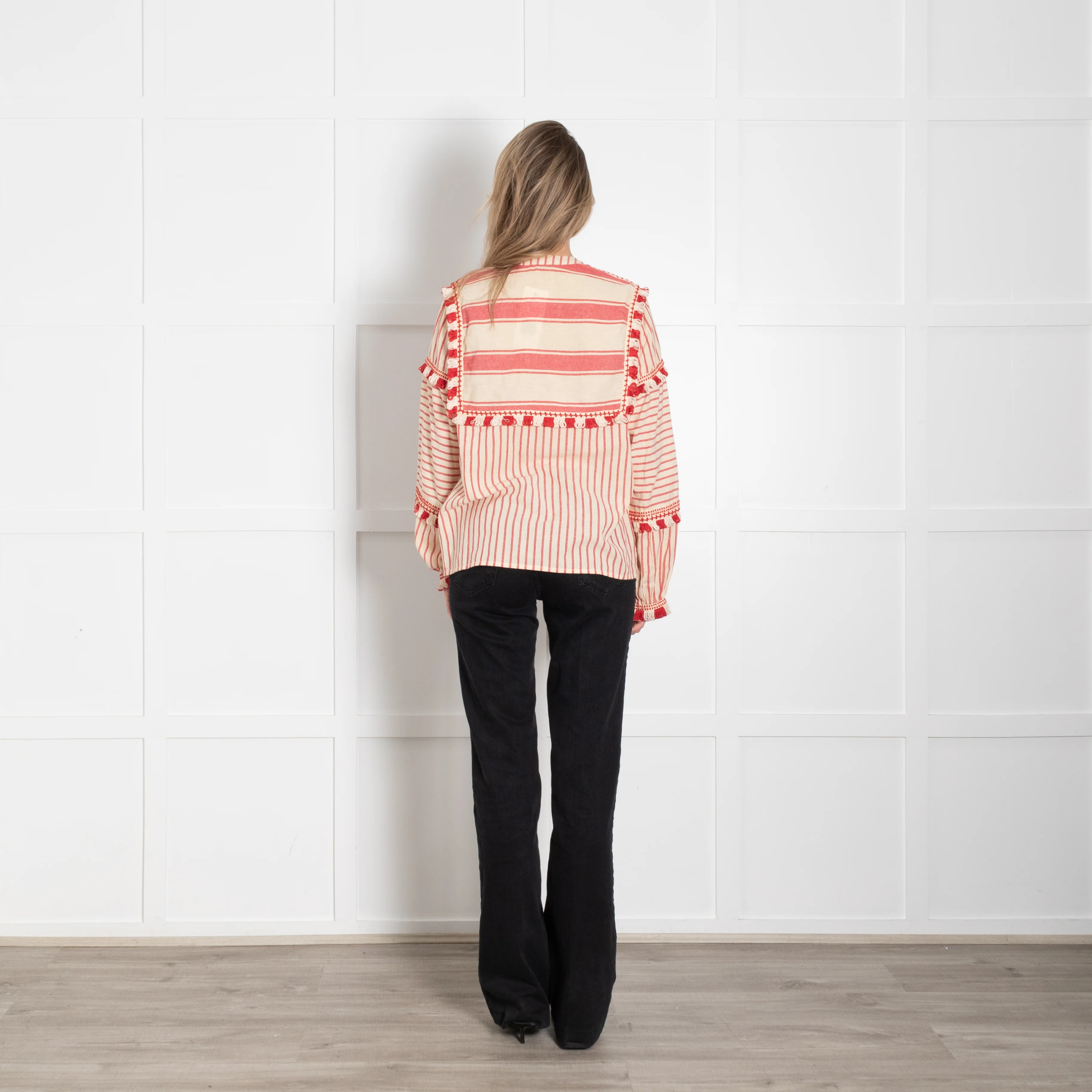 Dodo Bar Or Cream Red Cotton Fringe Trim Kaftan Top - Image 5