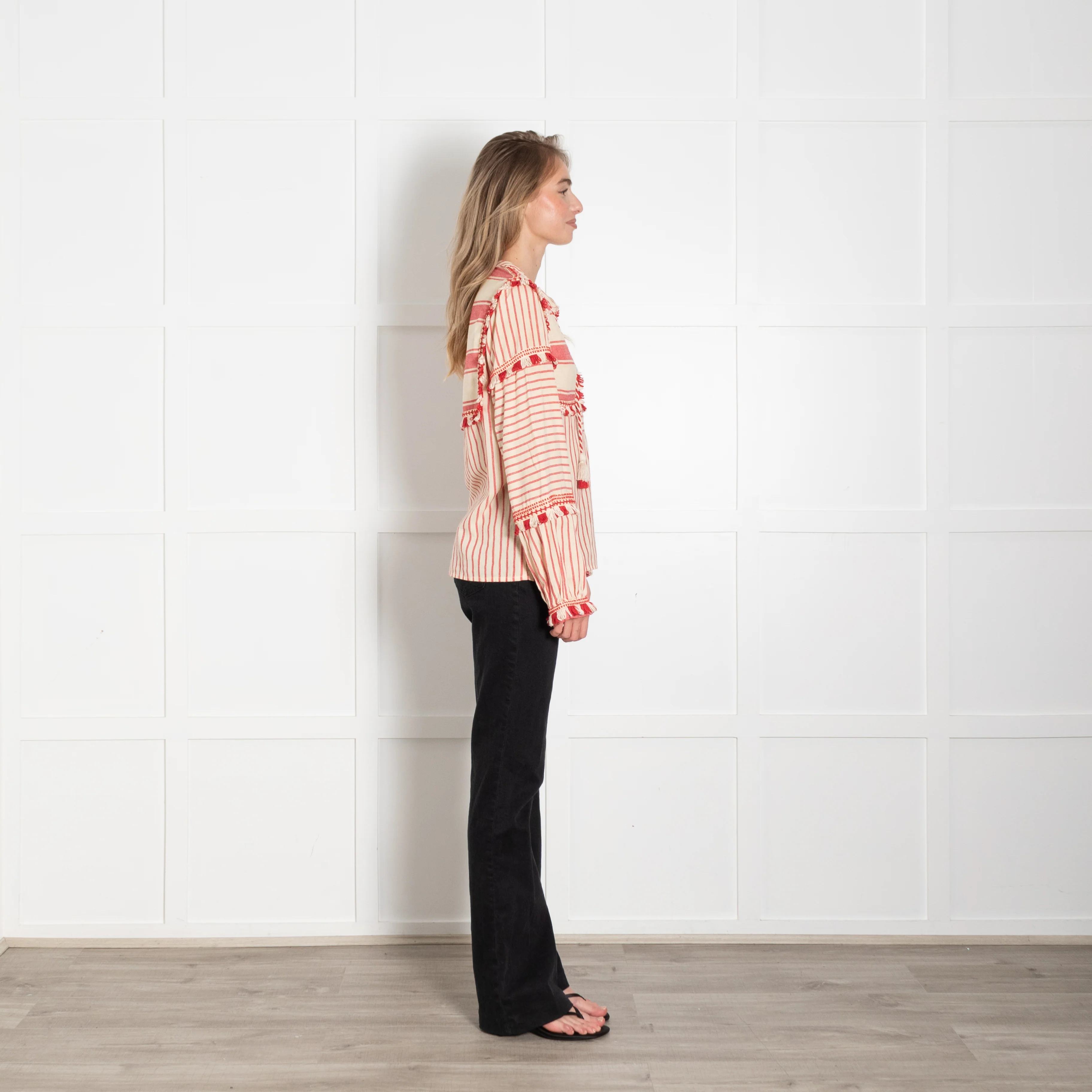 Dodo Bar Or Cream Red Cotton Fringe Trim Kaftan Top - Image 6