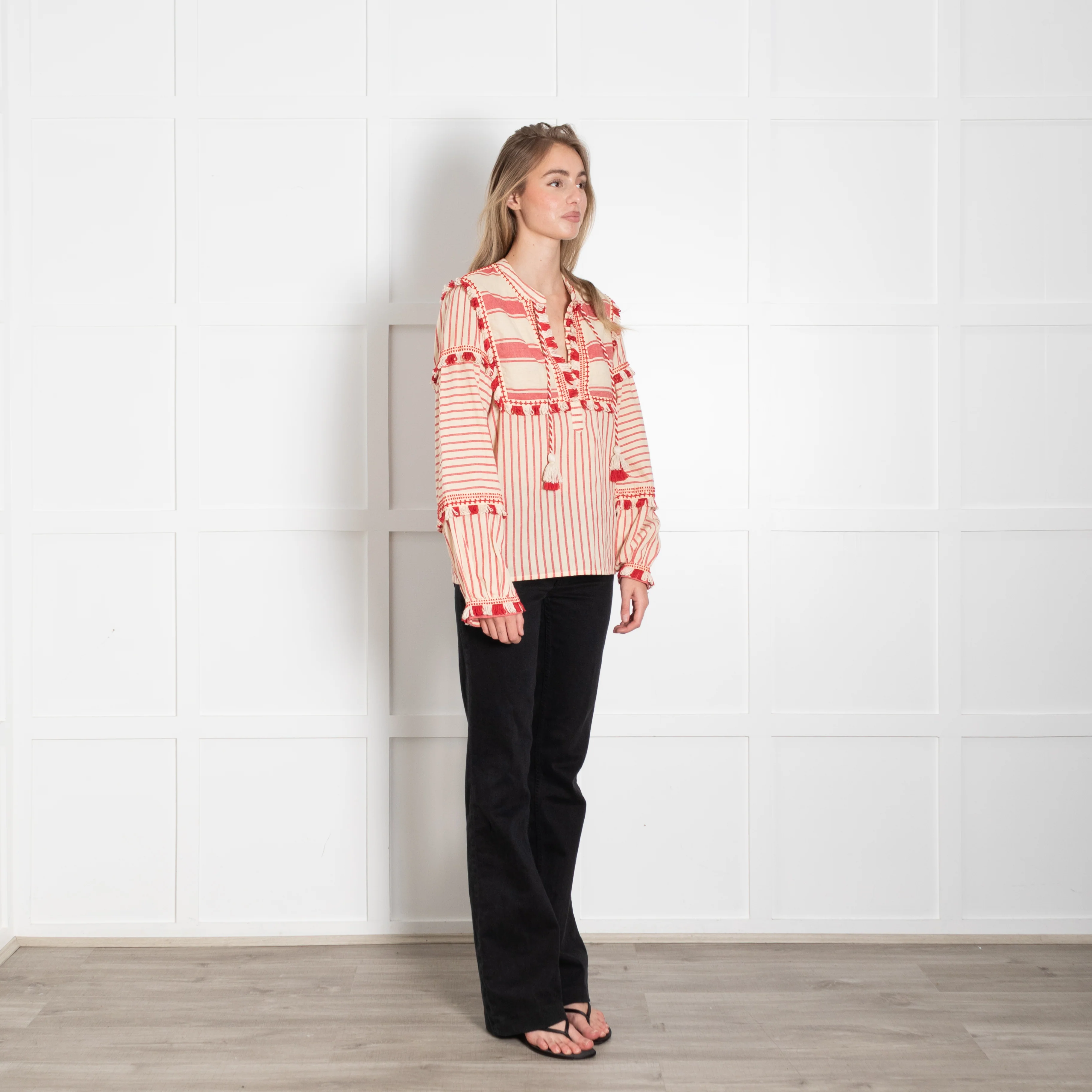 Dodo Bar Or Cream Red Cotton Fringe Trim Kaftan Top - Image 7