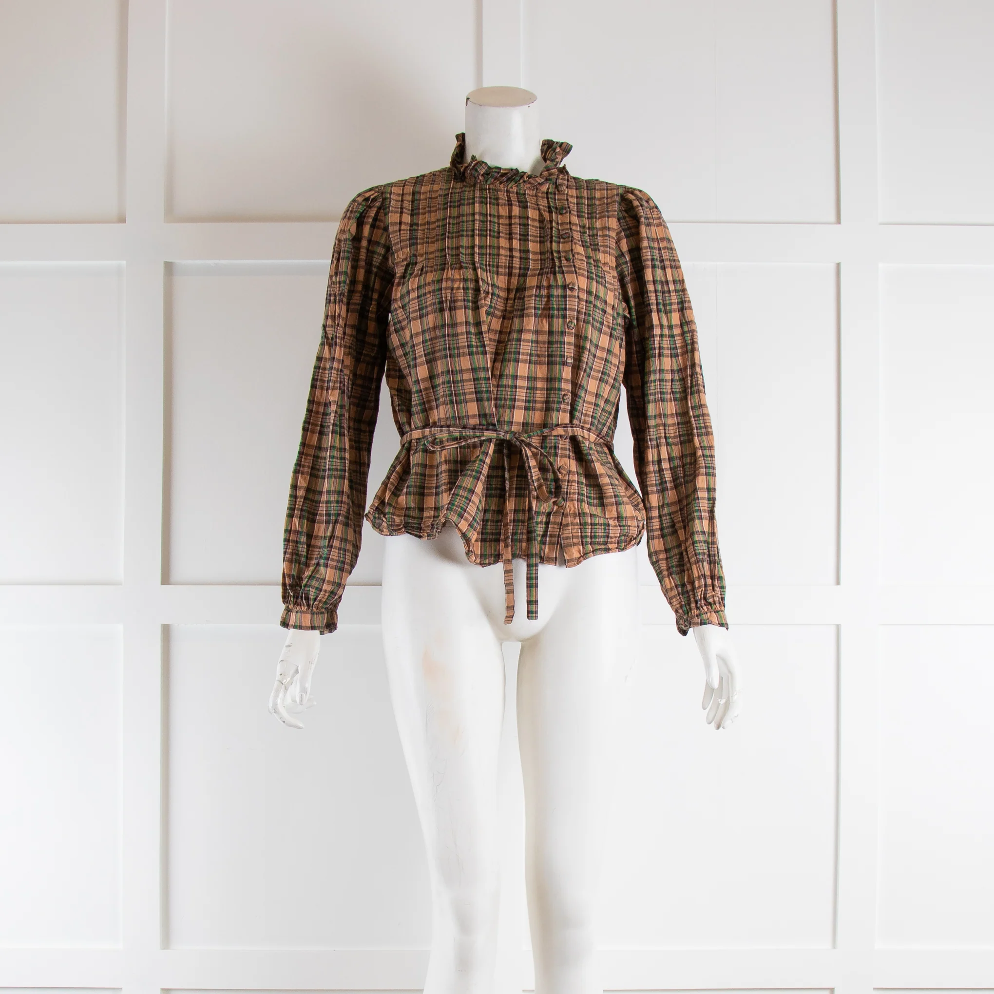 Doen Tan & Green Check Blouse with Waist Tie