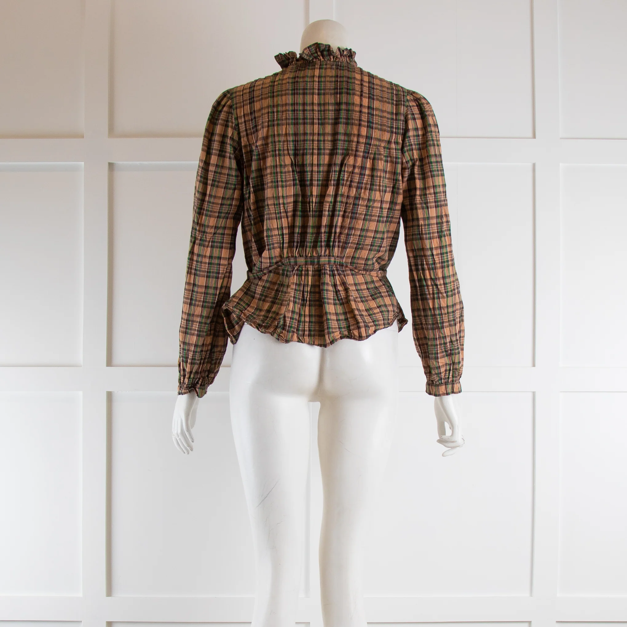 Doen Tan & Green Check Blouse with Waist Tie - Image 3