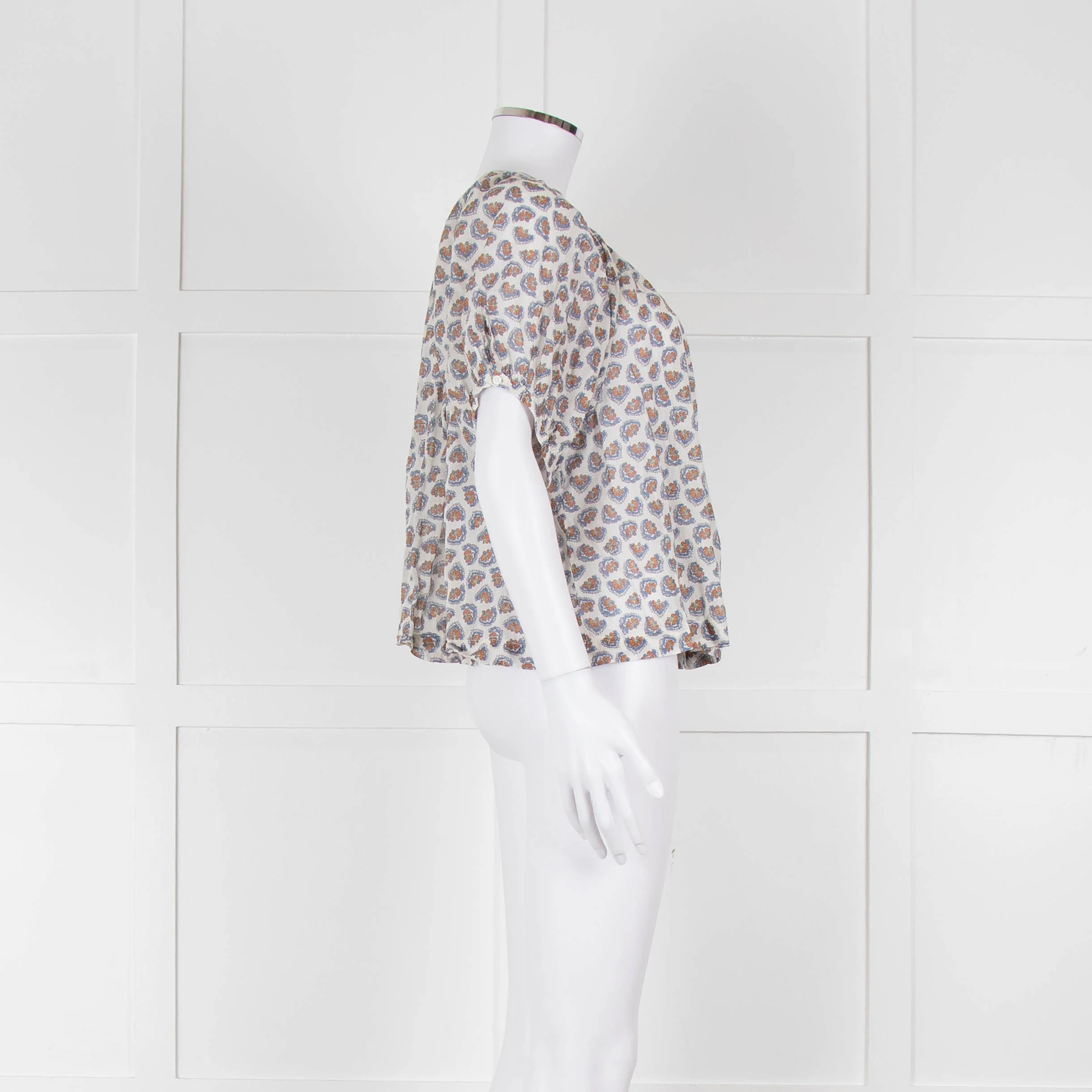 Doen White Blue Fine Cotton Floral Puff Sleeve Top - Image 3