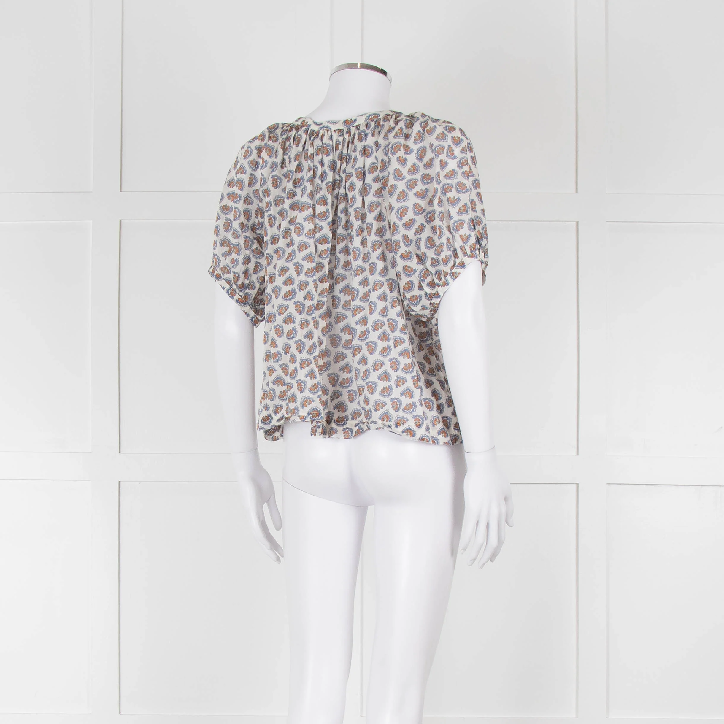 Doen White Blue Fine Cotton Floral Puff Sleeve Top - Image 4