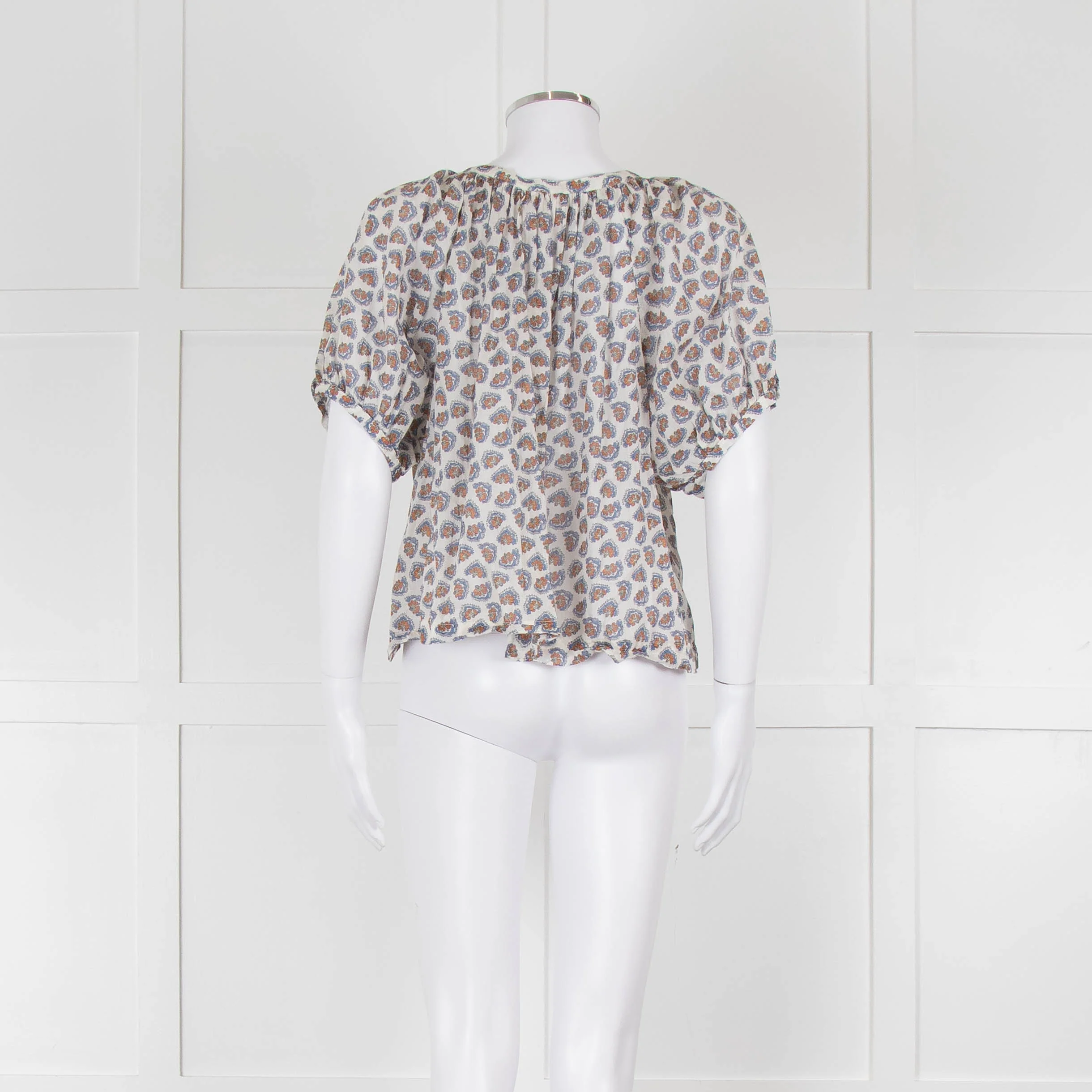 Doen White Blue Fine Cotton Floral Puff Sleeve Top - Image 5