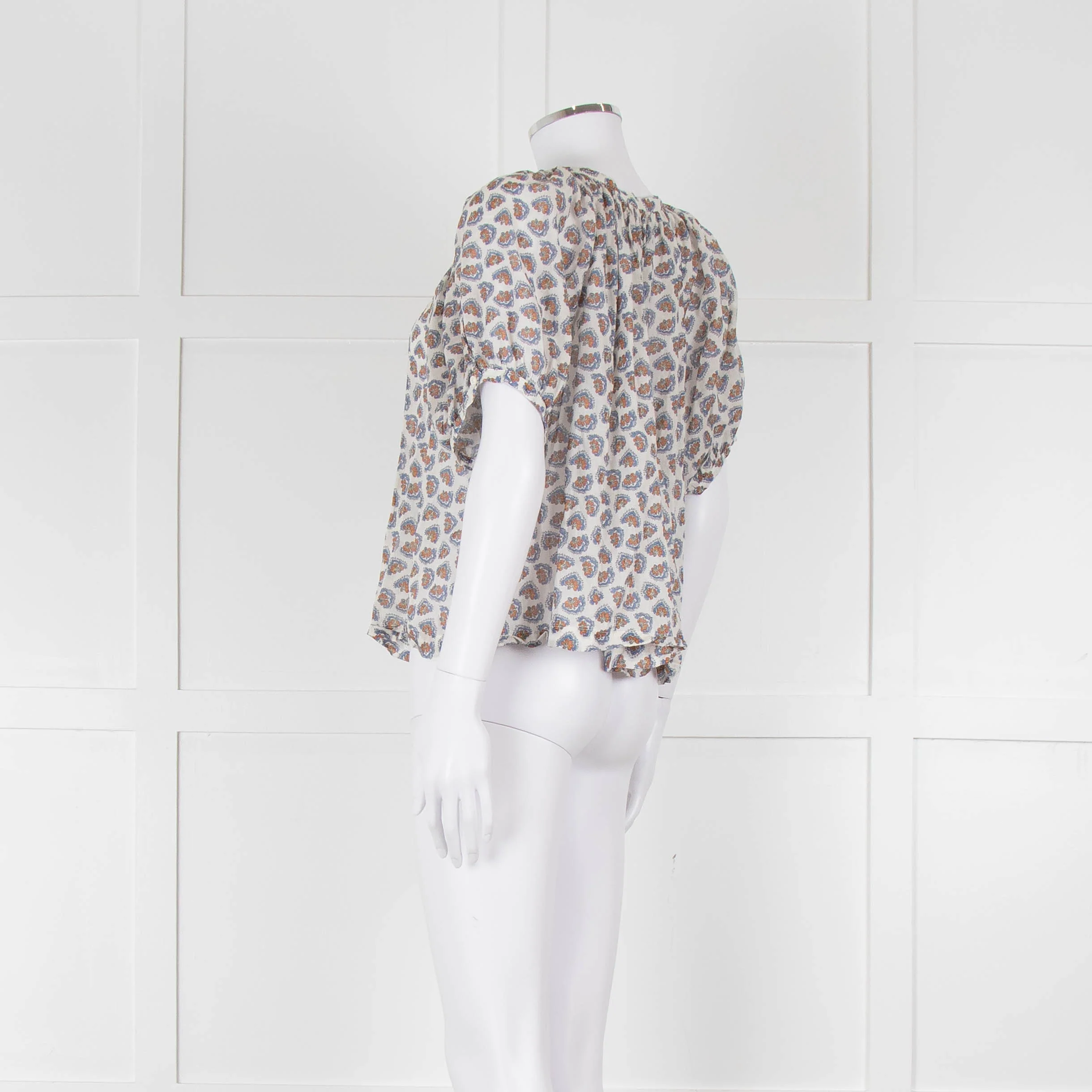 Doen White Blue Fine Cotton Floral Puff Sleeve Top - Image 6