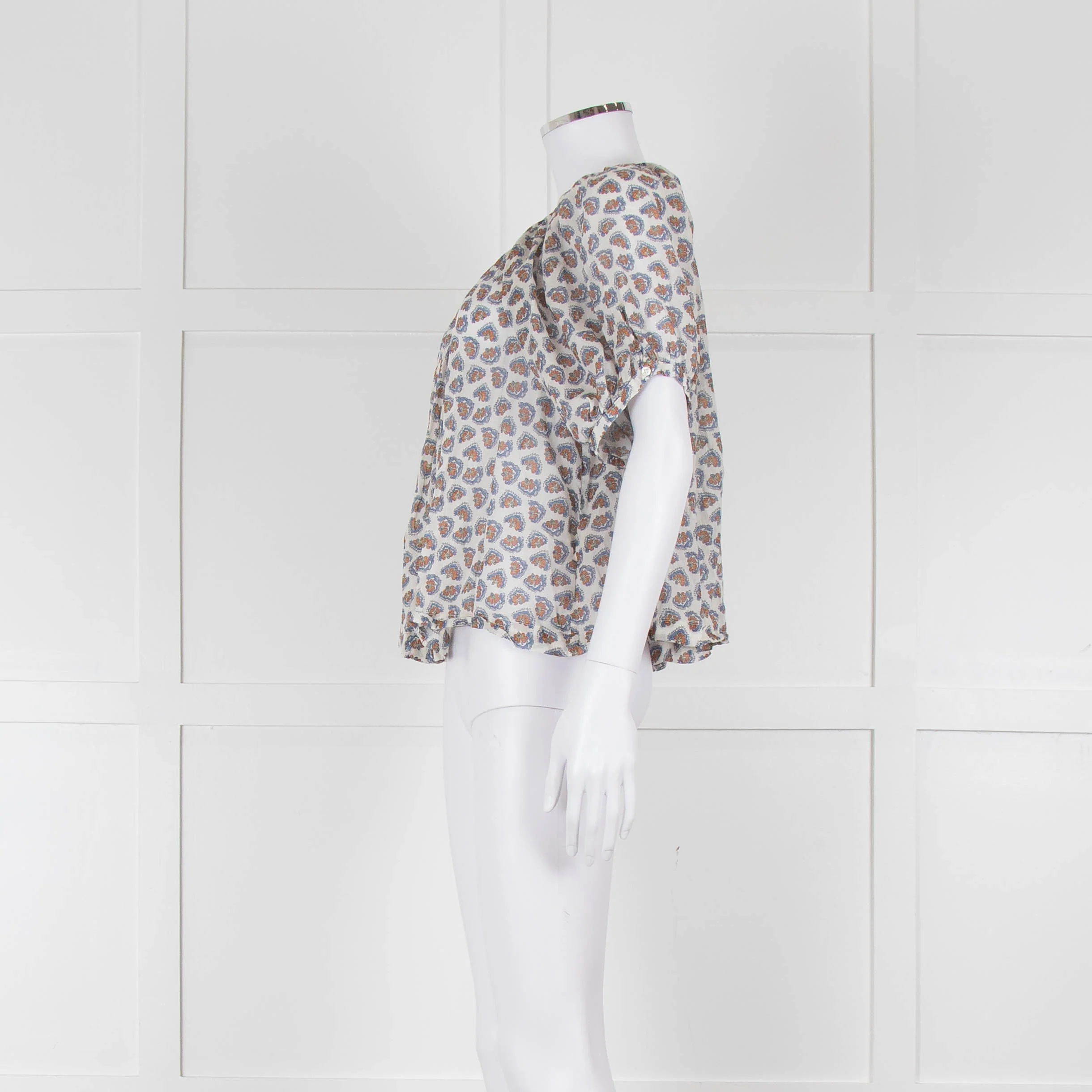 Doen White Blue Fine Cotton Floral Puff Sleeve Top - Image 7