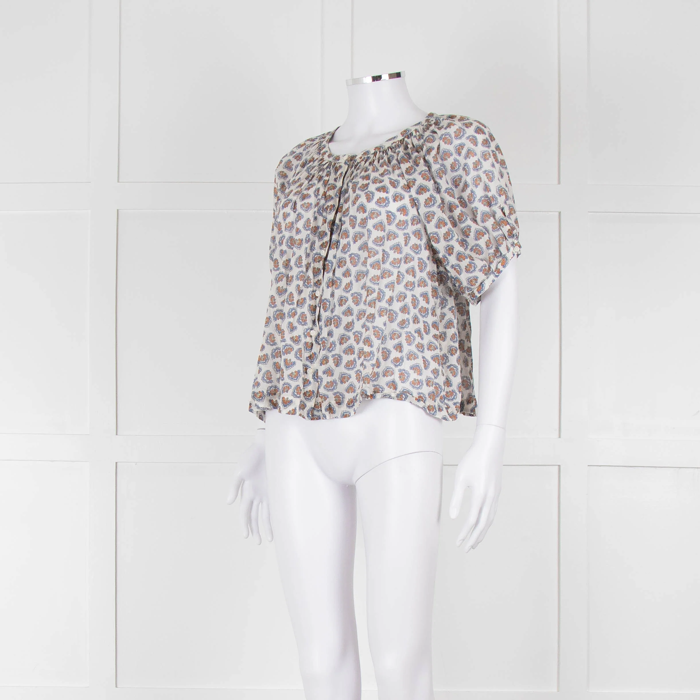 Doen White Blue Fine Cotton Floral Puff Sleeve Top - Image 8