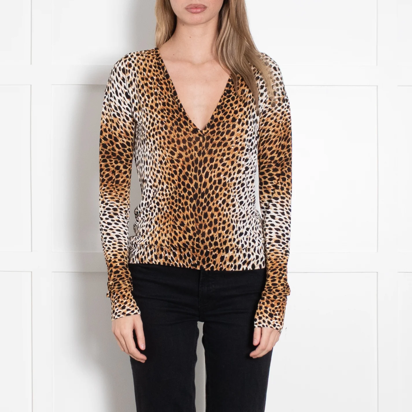 Dolce & Gabbana Brown Leopard Print V-Neck Long Sleeve Top - Image 2