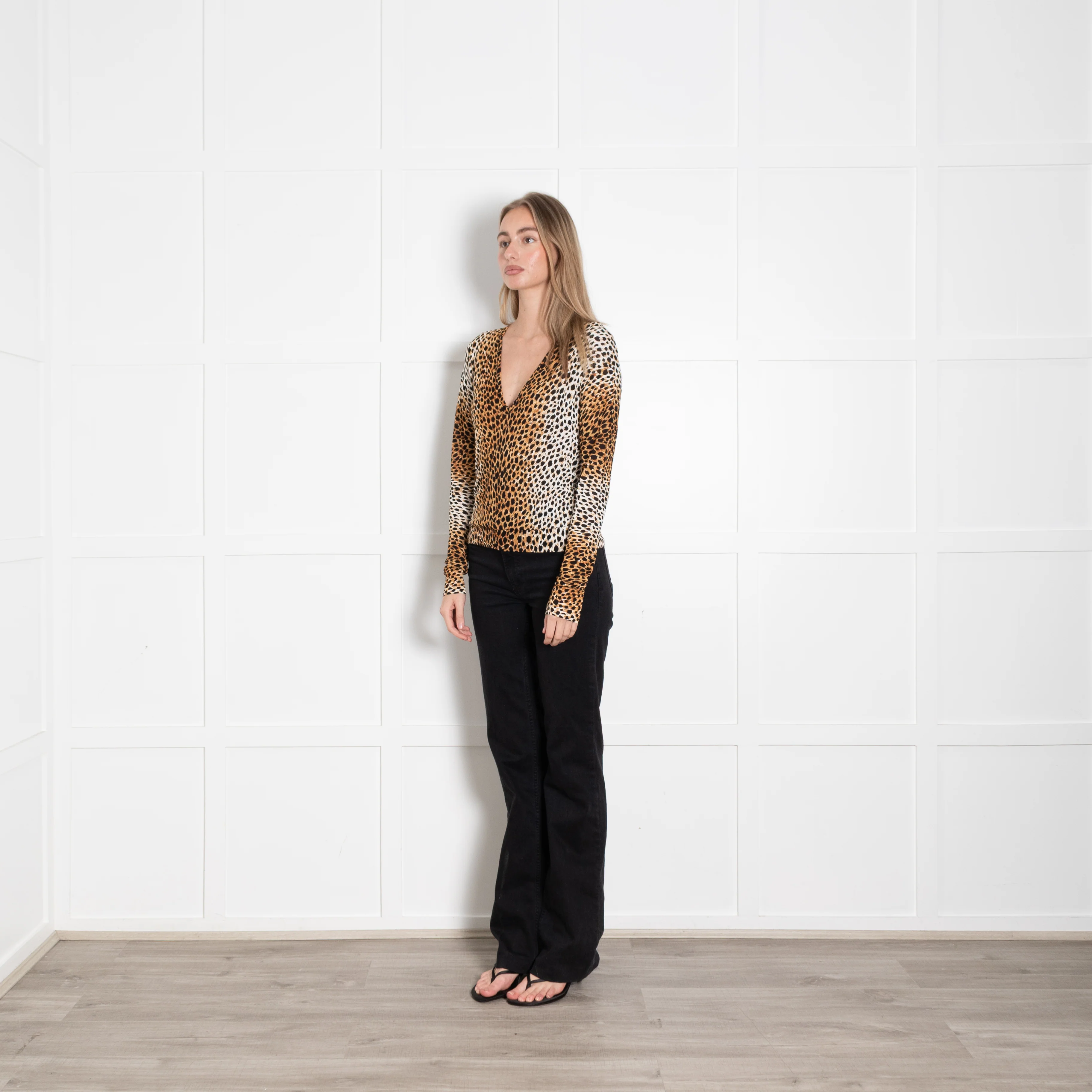 Dolce & Gabbana Brown Leopard Print V-Neck Long Sleeve Top - Image 3