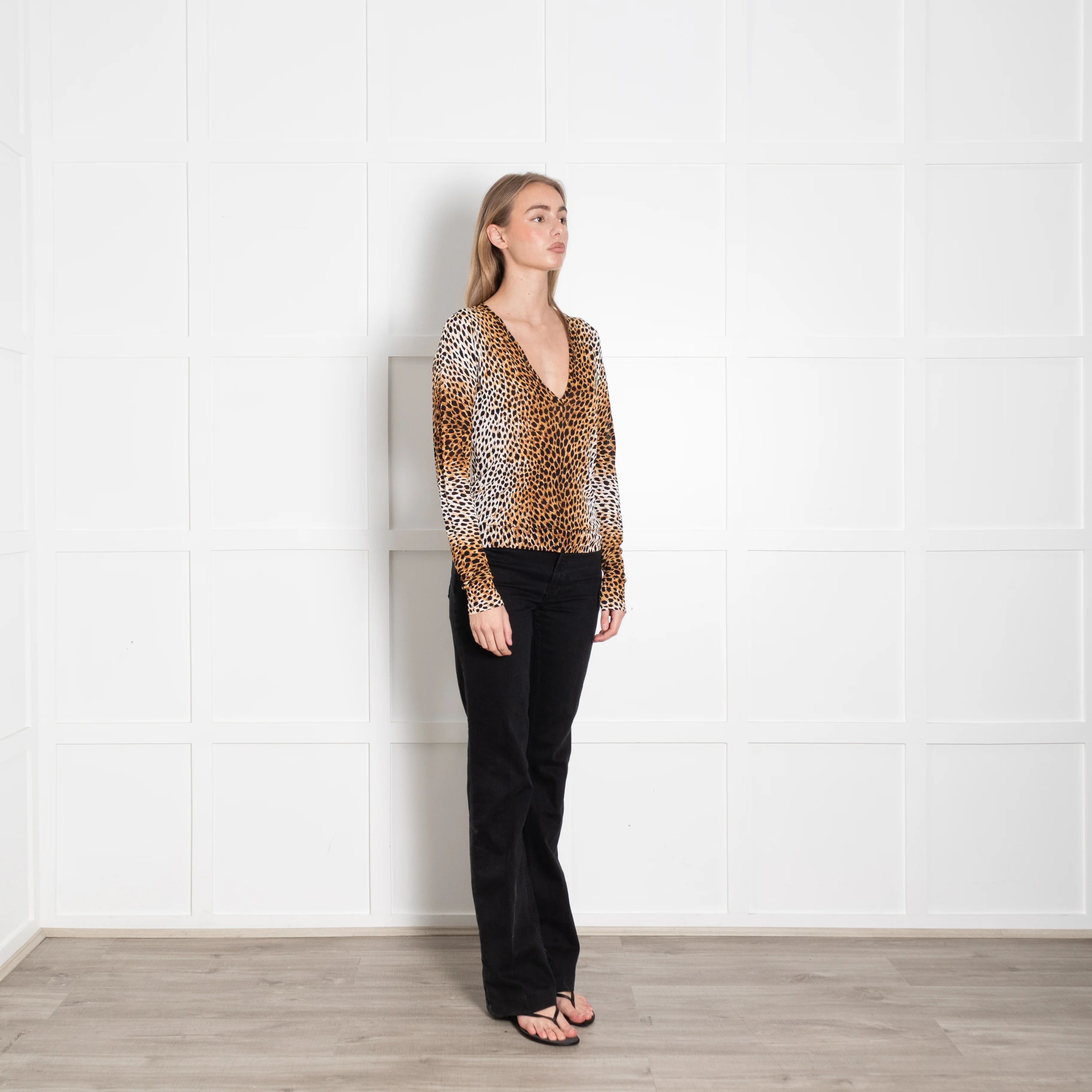 Dolce & Gabbana Brown Leopard Print V-Neck Long Sleeve Top - Image 7