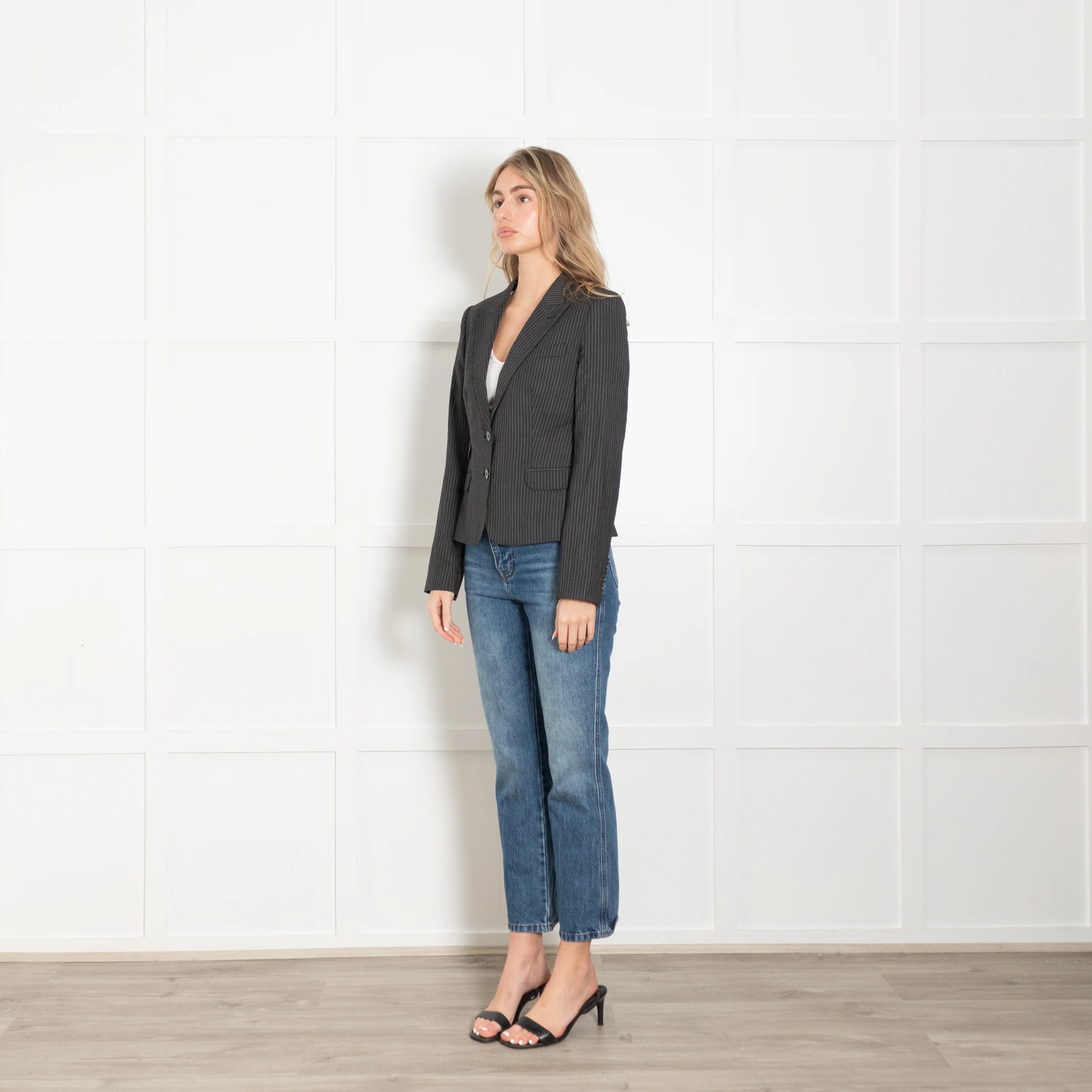 Dolce & Gabbana Grey Pinstripe Short Blazer Jacket - Image 3