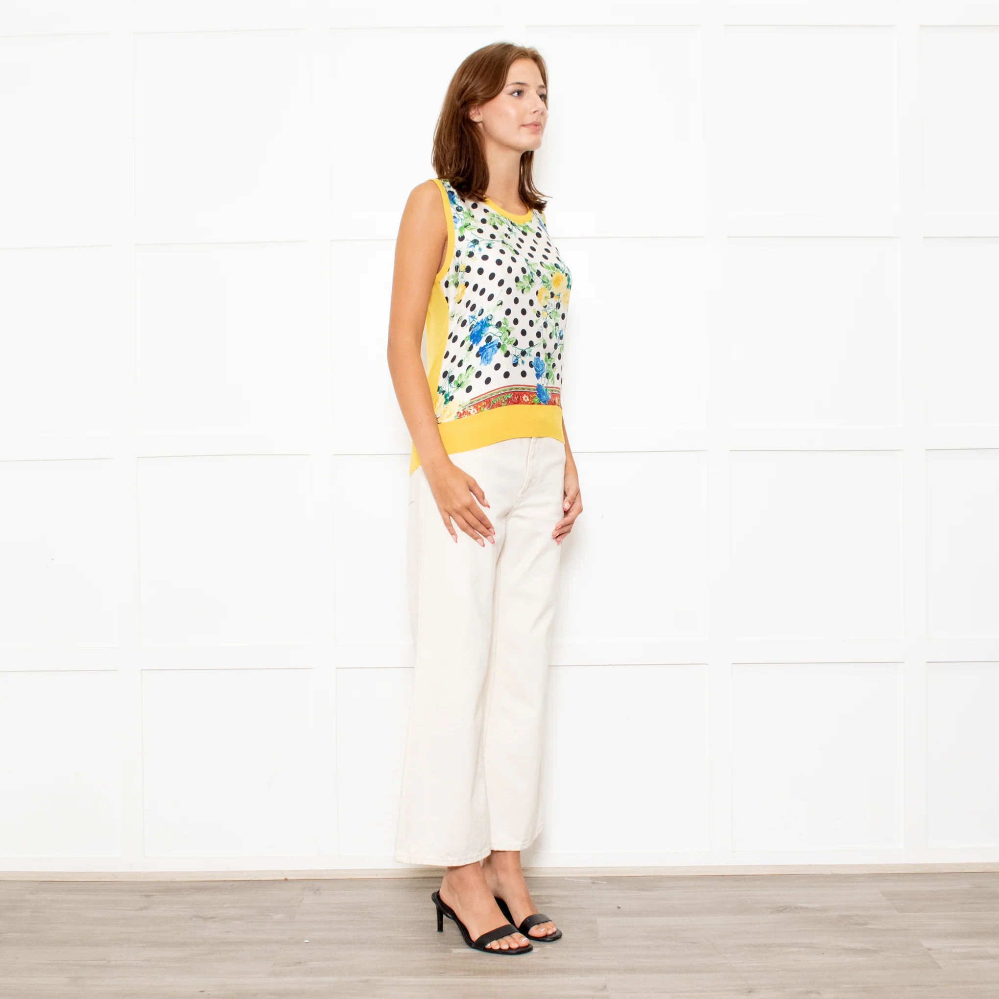 Dolce & Gabbana Yellow Cream Black Polka Dot Rose Print Top - Image 7