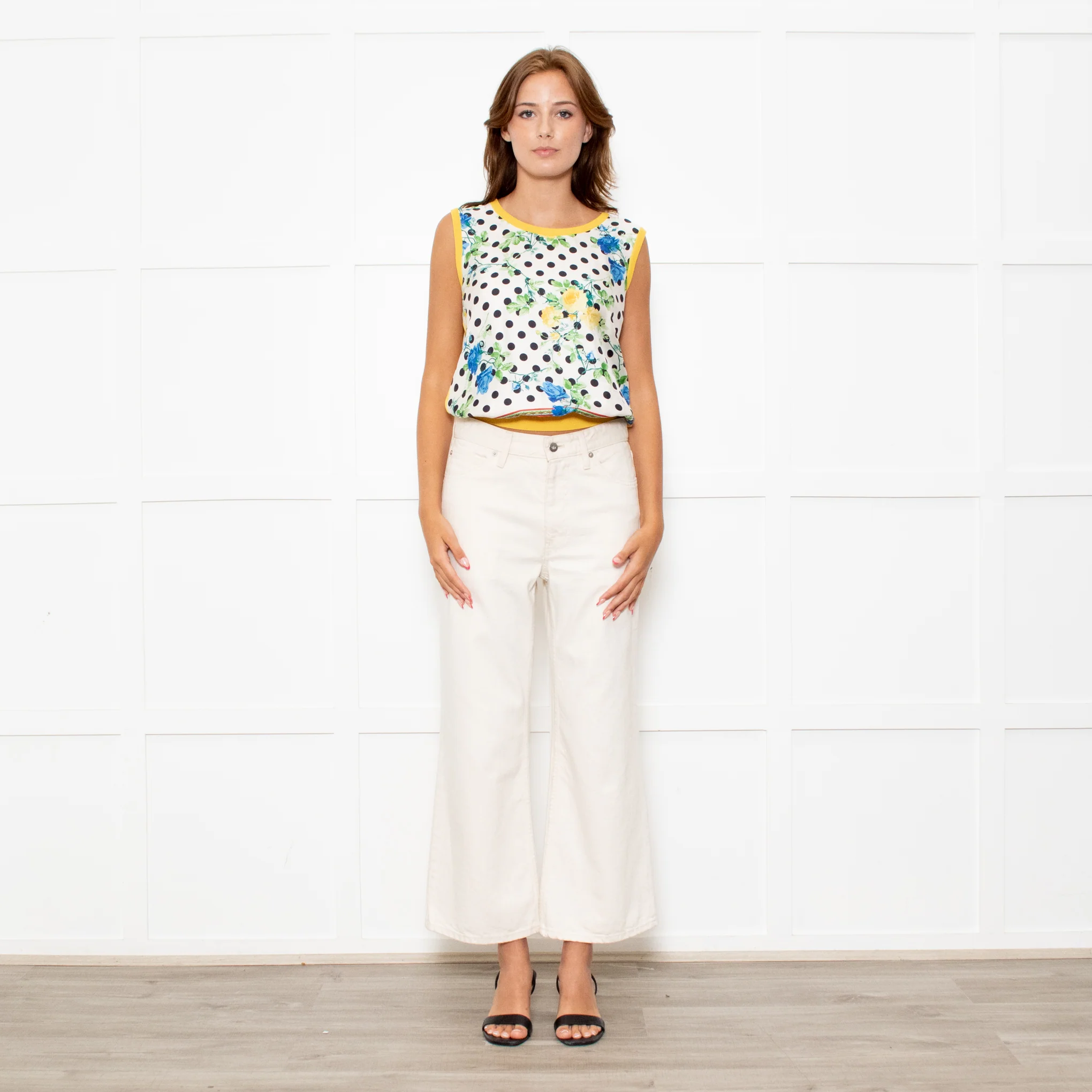 Dolce & Gabbana Yellow Cream Black Polka Dot Rose Print Top - Image 8